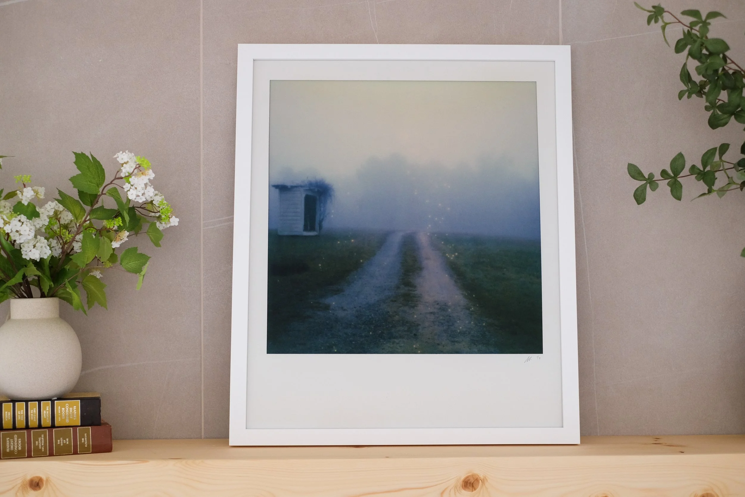 Framed photograph of a foggy dirt road leading to a small house on the left, with grass on either side, and a partly cloudy sky, placed on a wooden shelf with a potted plant and books nearby.