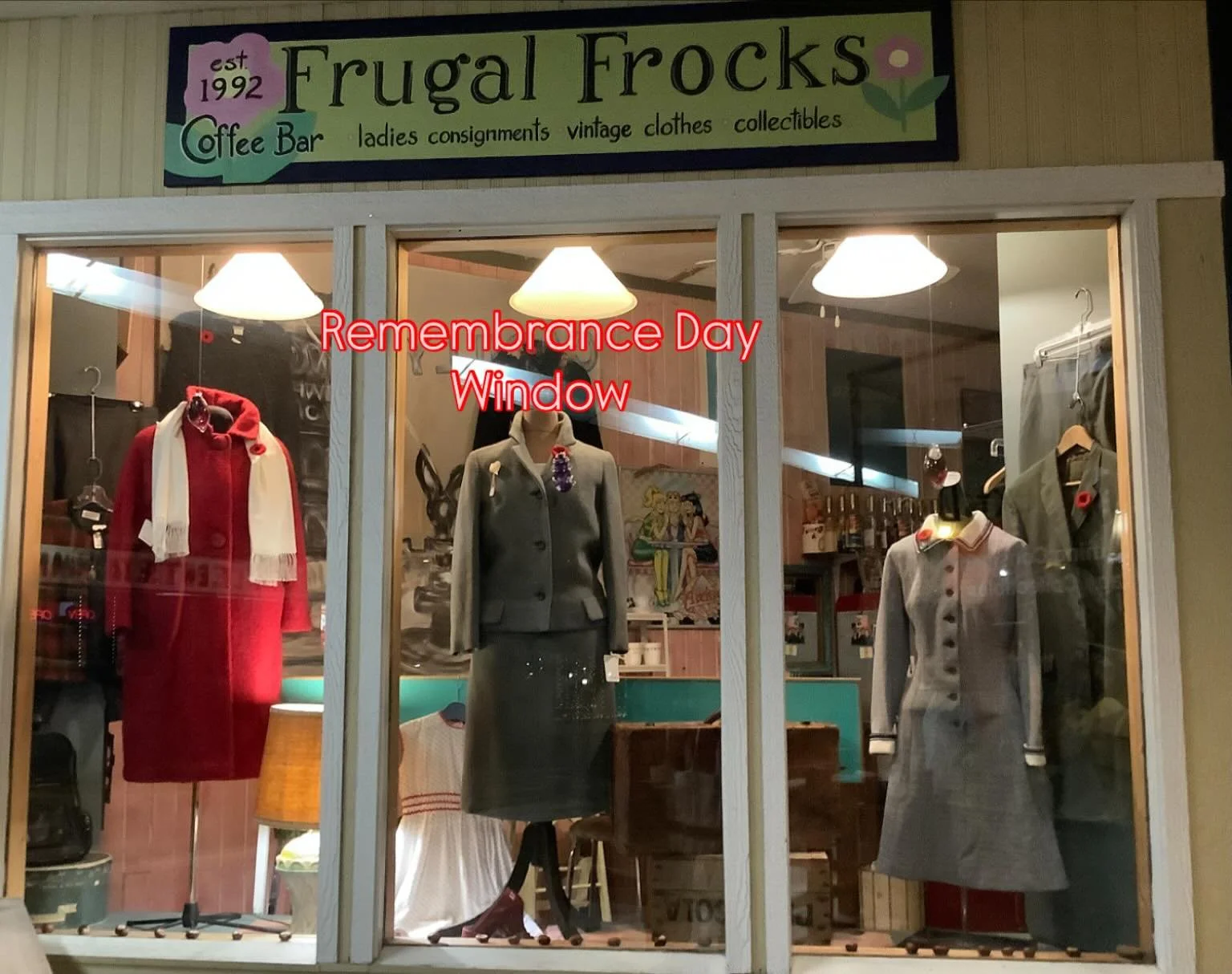 Remembrance Window, featuring some vintage clothing from days gone by. The shop will be closed Tuesday November 11 th, as well as Monday November 10 th.
Back open Wednesday November 12 th.