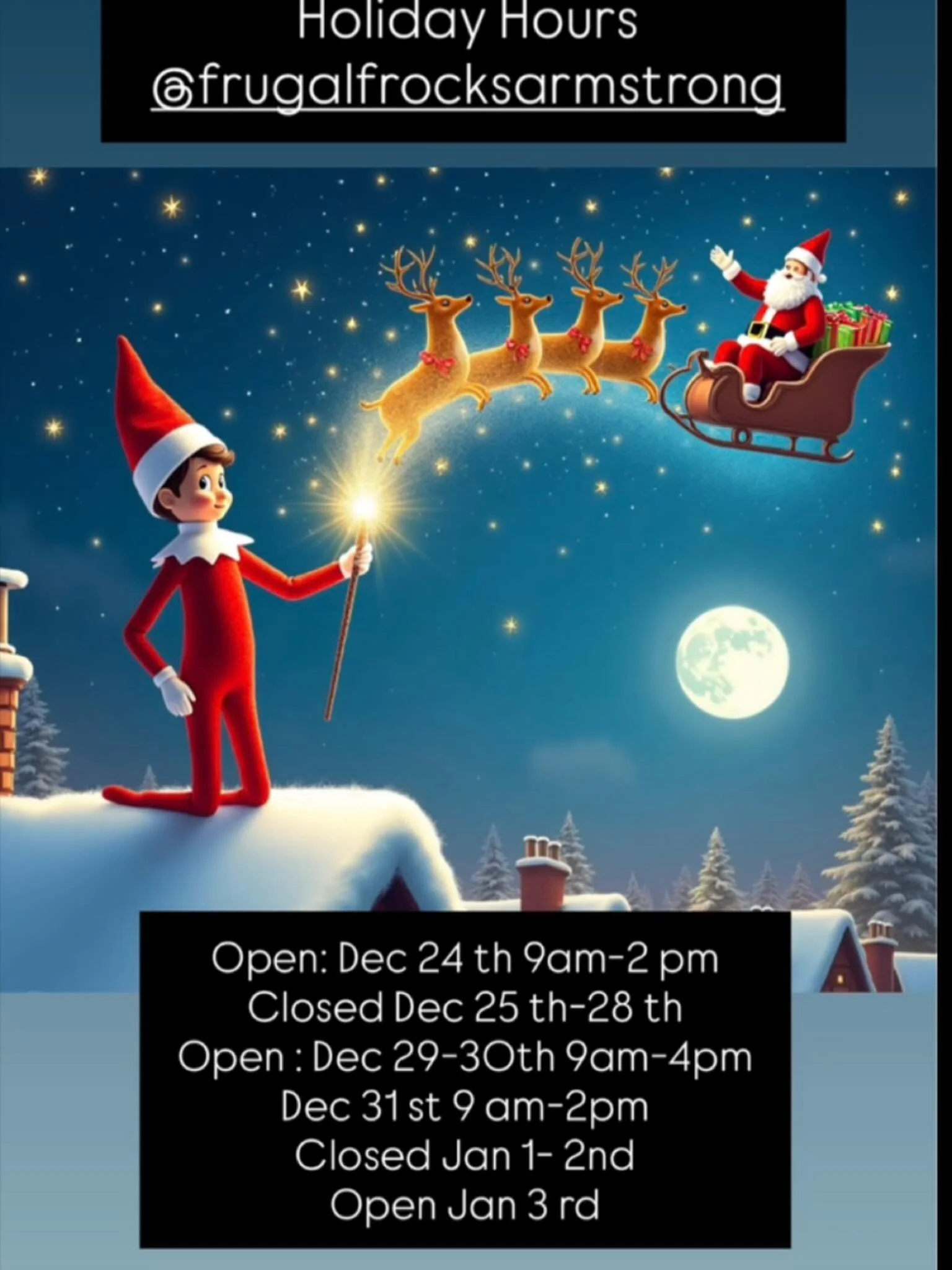 In case you missed it in my story (apologies for the miss!), here are Frugal Frocks' remaining hours for the year. Thanks to all our supporters and fellow small businesses in Armstrong. Warmest wishes for the holidays and cheers to 2026!
