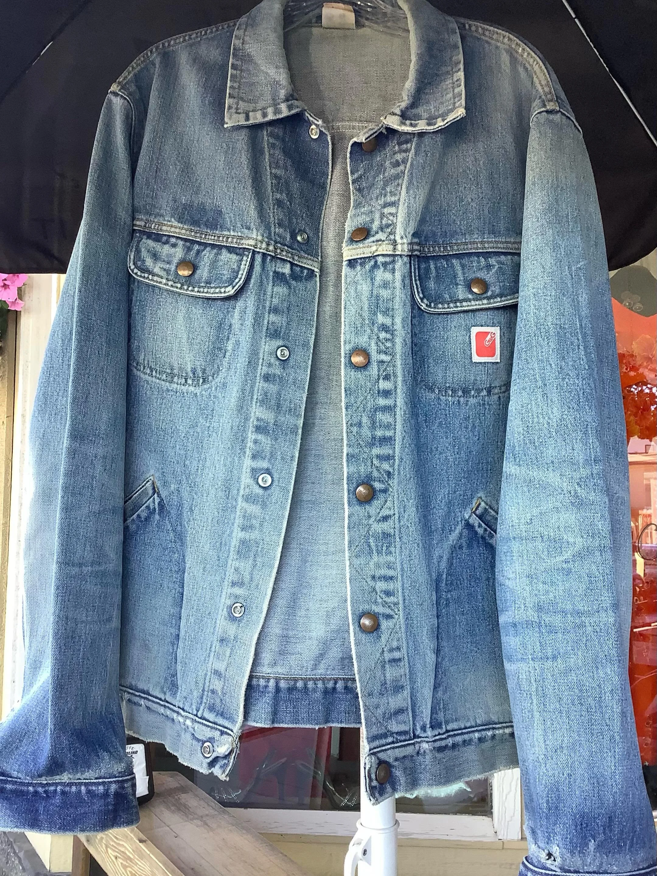 New to Frugal Frocks  a small men&rsquo;s section in the shop. Located at the back of the store. Just in this distressed Mens GWG DENIM JACKET from the 70&rsquo;s , size large, $89.00, rock in roll