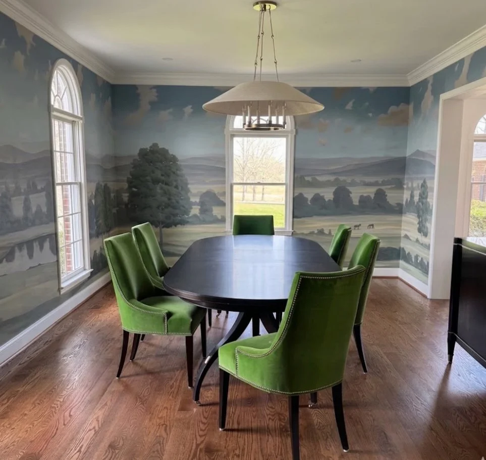Hand painted mural on canvas
pastoral landscape mural
Keswick, Virginia countryside mural
original mural
mural installed like wallpaper
custom hand painted mural
monkton studios
