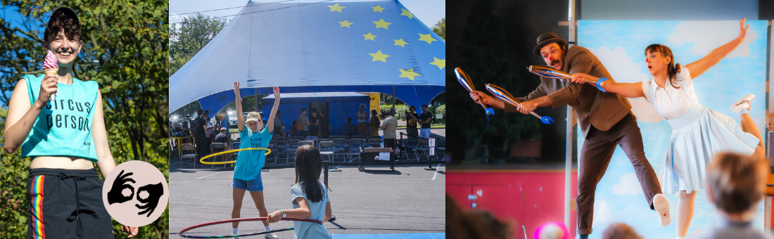 Left picutre - person eating ice cream, center picture - kids hula hooping, right picture - 2 jugglers on stage