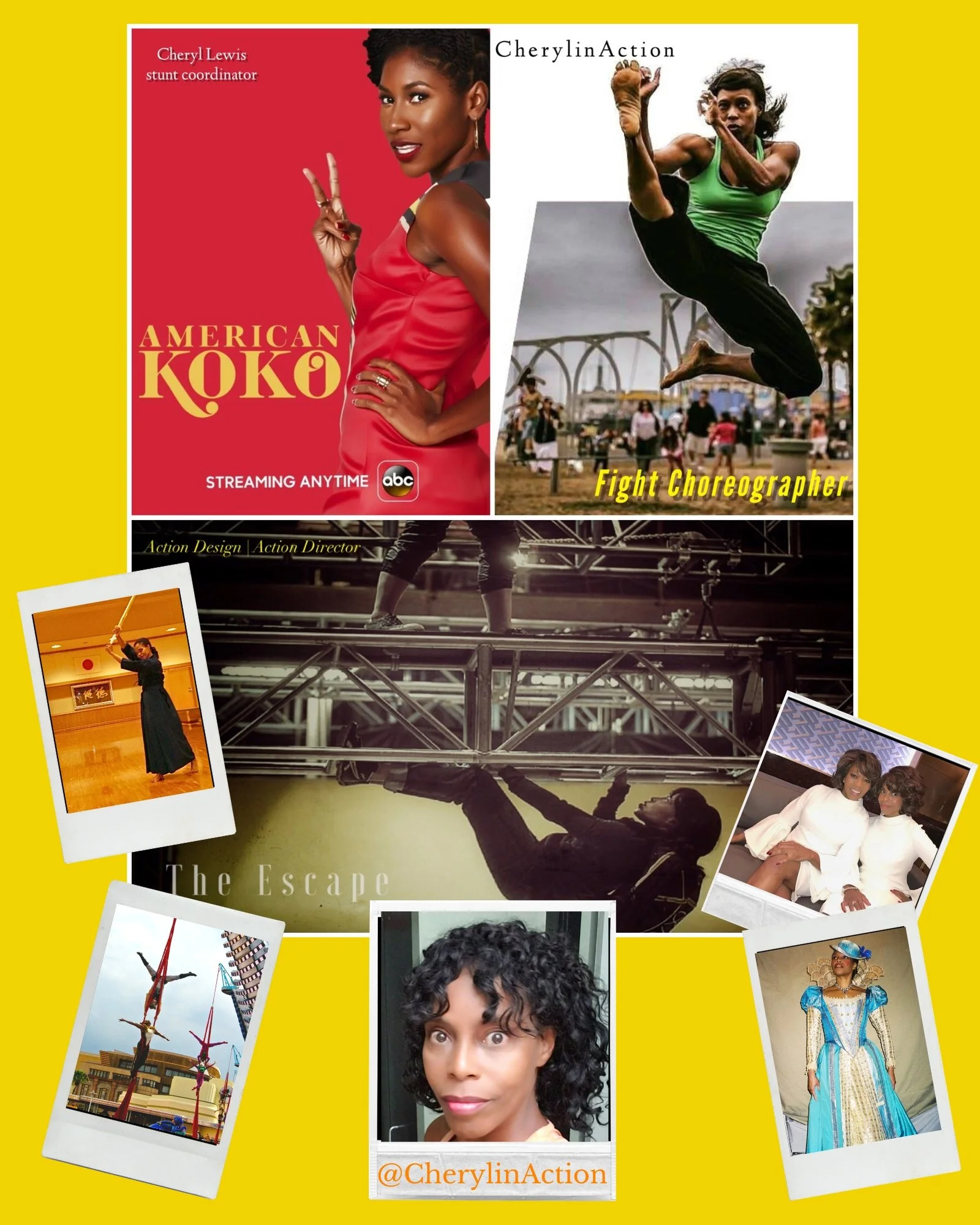 collage featuring stunt performer, action designer, and fight choreographer Cheryl Lewis. The composition includes action photos of martial arts kicks, stunt rigging work on a film set, aerial circus performance, and stage combat training.