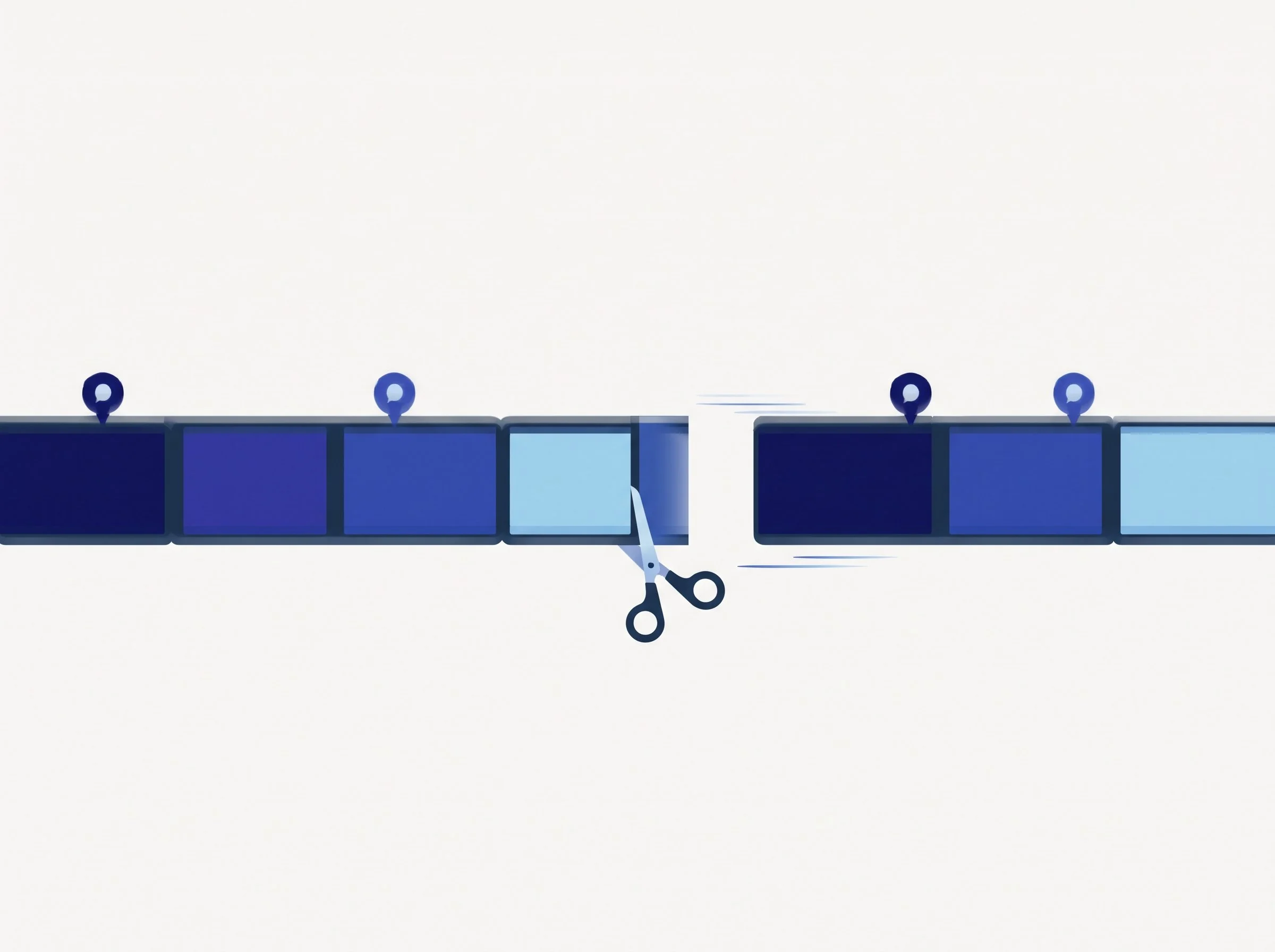 Illustration of a video editing timeline where comment pins stay attached to their clips as the edit shifts