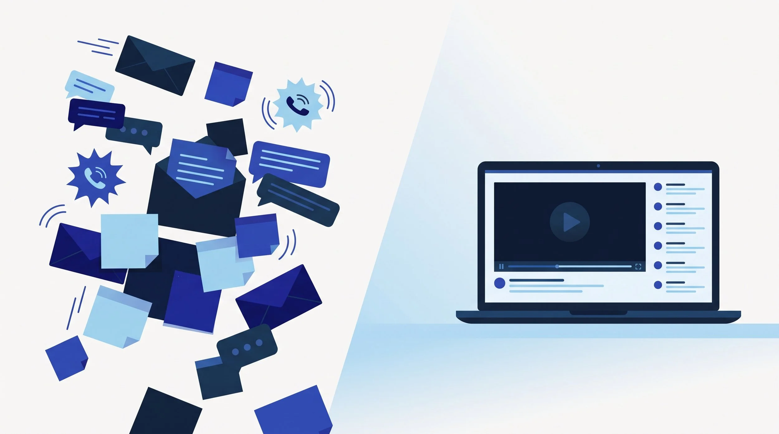 Illustration comparing scattered emails, texts, and phone calls with one organized video review link