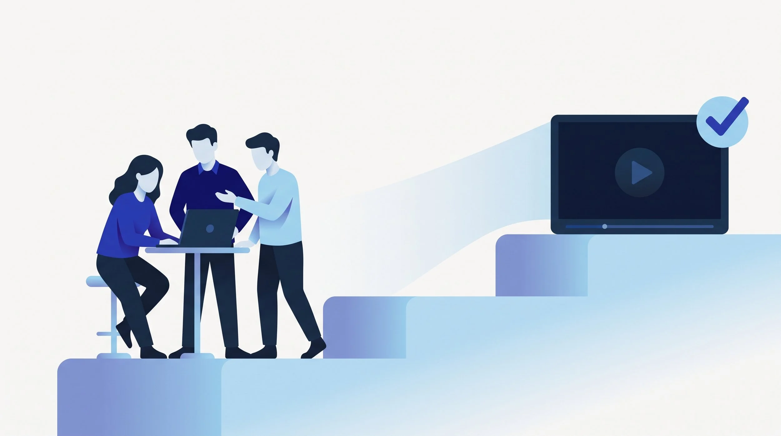 Illustration of a team adding notes together on the first of two steps leading to a finished video