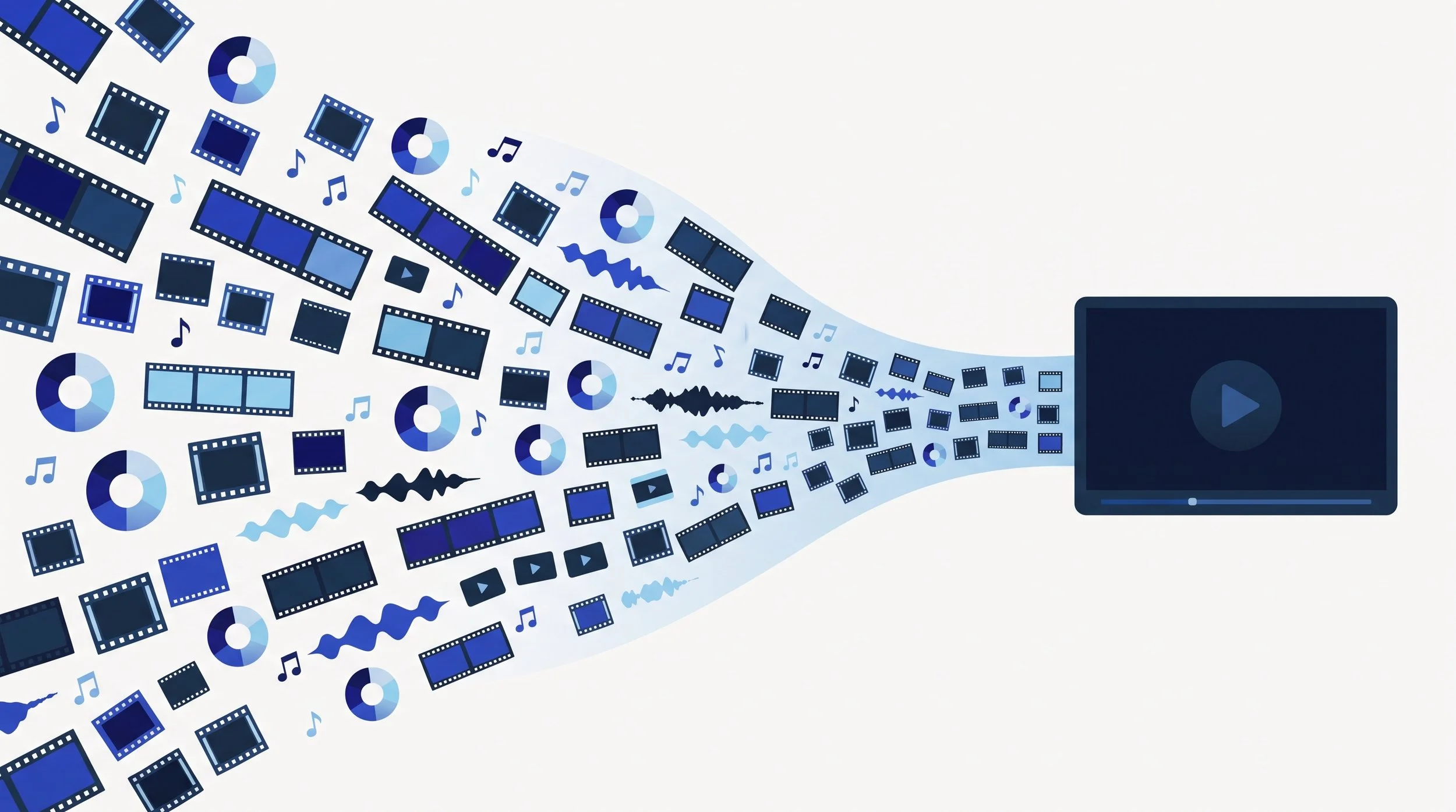 Illustration of video clips, music notes, and color tools flowing together into one finished video