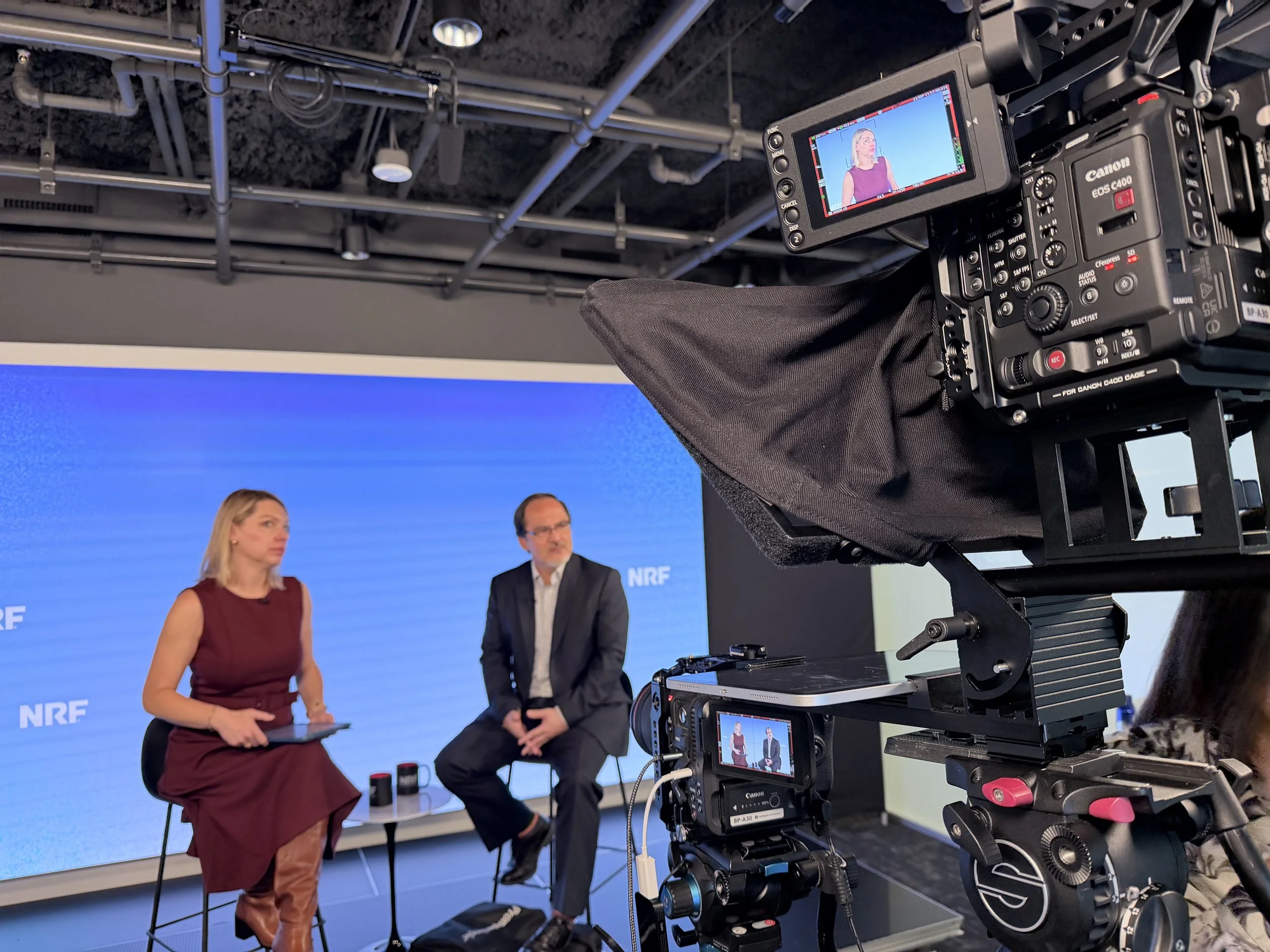 Canon C400 with teleprompter and Canon C70 set up for a two-person studio conversation in Washington, DC, by C King Media