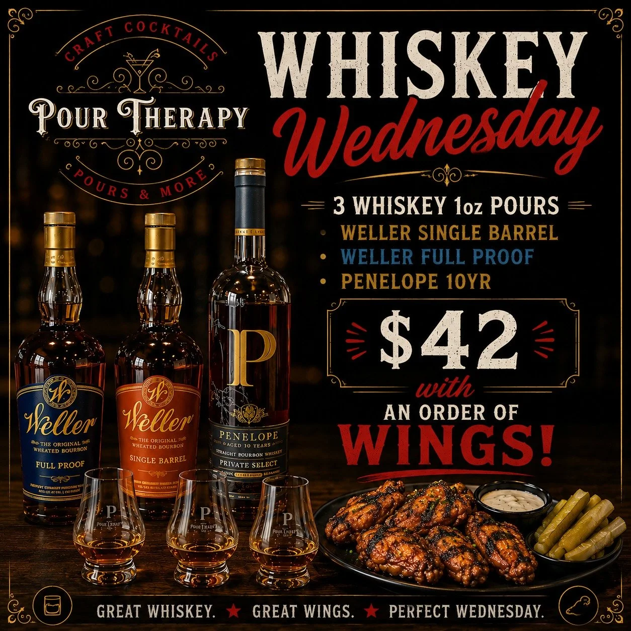 Tomorrow's Whiskey Wednesday selection. Some great pours with an order of wings for $42.