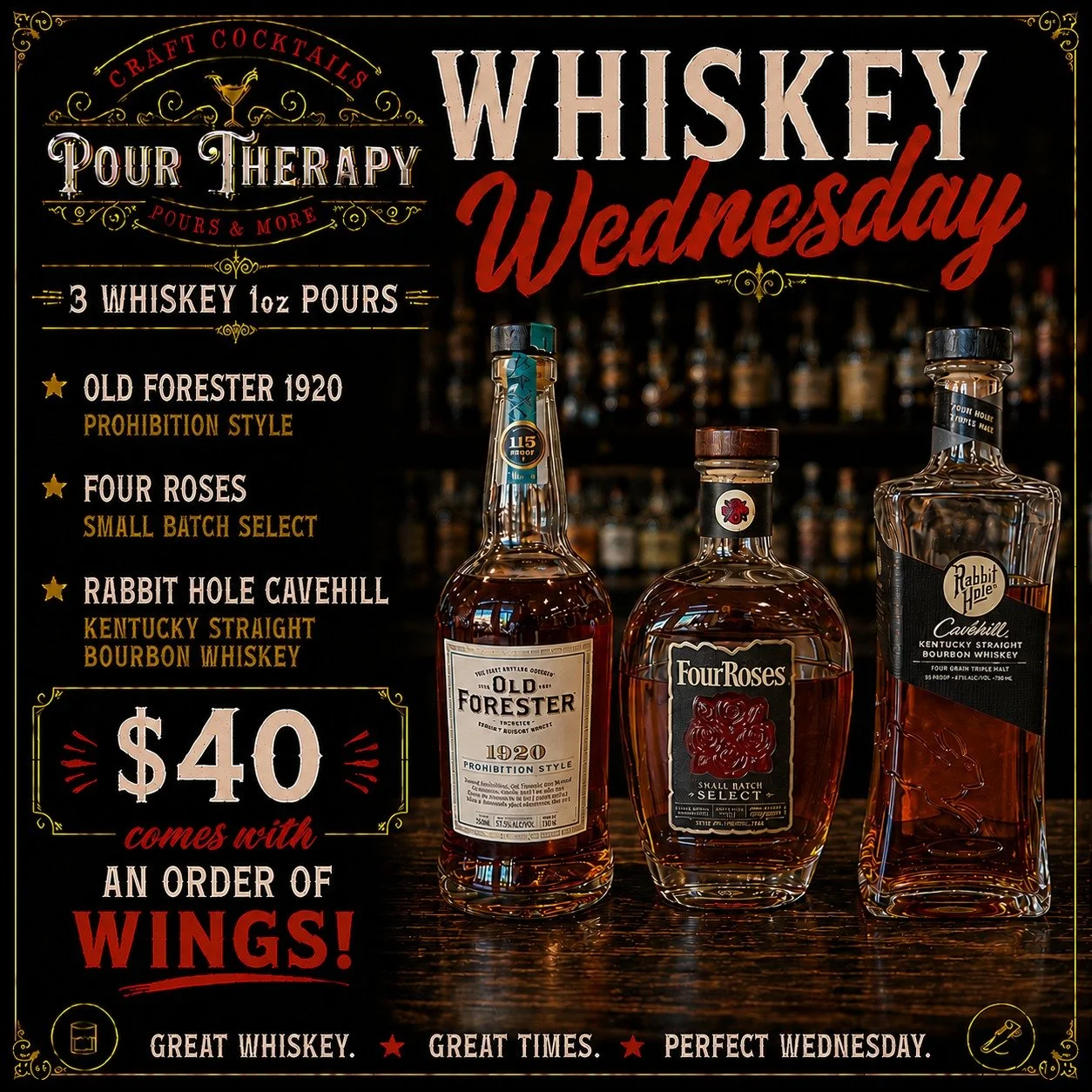 Our Whiskey Wednesday flight for this week. Chance to try some different whiskey's paired with an order of our delicious golden or white BBQ wings.