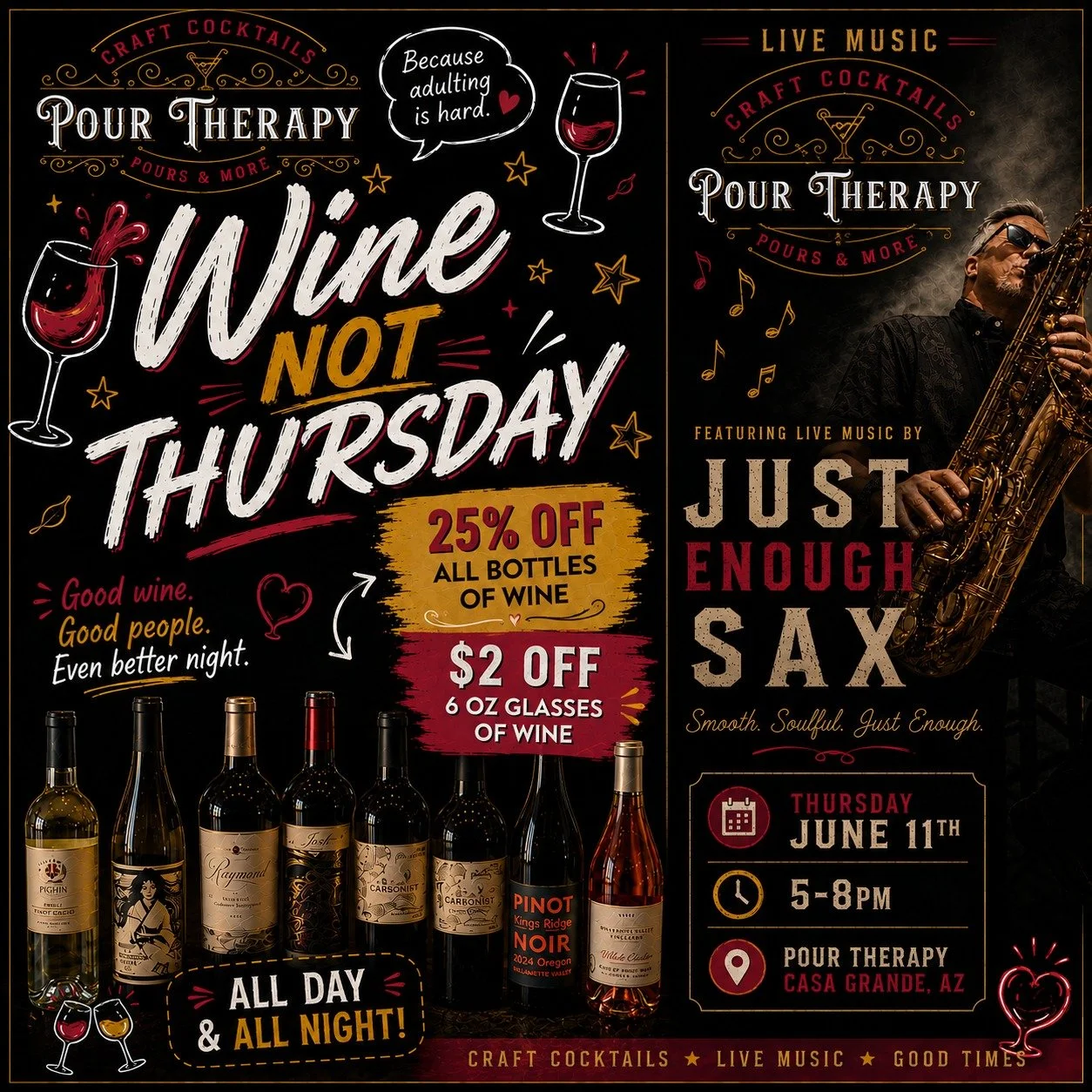 Join us Thursday for a night of sax with $2 off 6oz glasses of wine and 25% off bottles of wine.