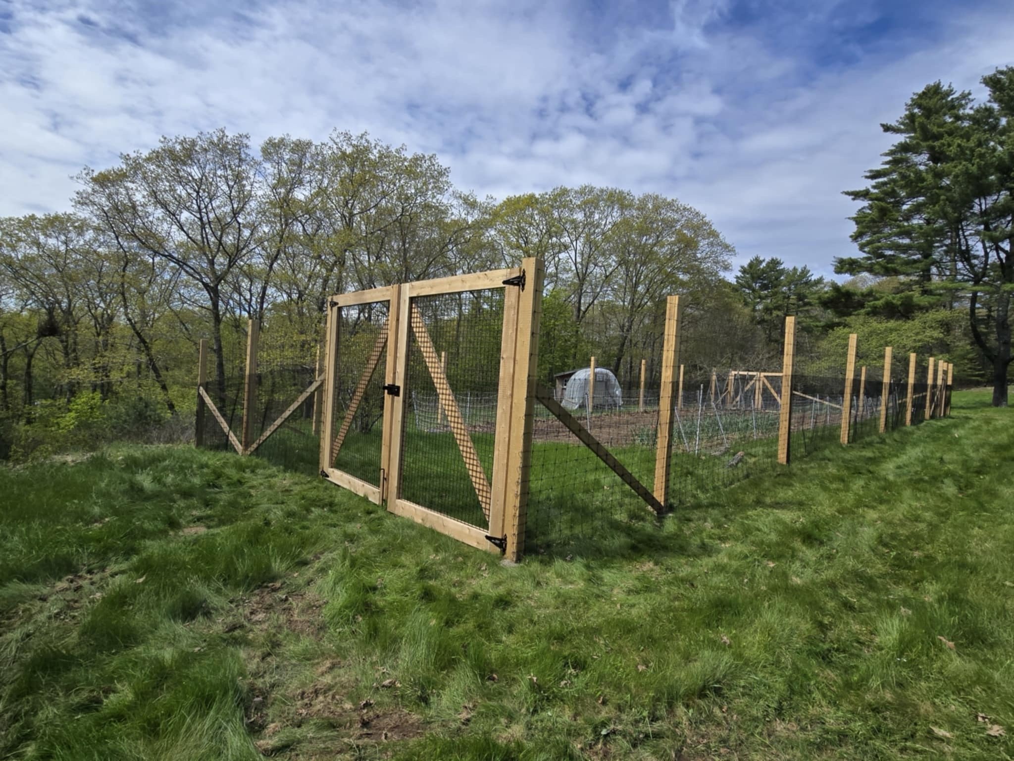 8' tall black steel deer fence on cedar wrapped steel posts with custom double drive gate (DF4)
