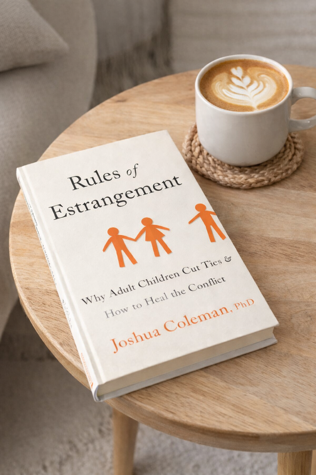 Rules of Estrangement by Joshua Coleman placed on a wooden coffee table next to a latte with foam art, in a cozy, neutral-toned living room setting.