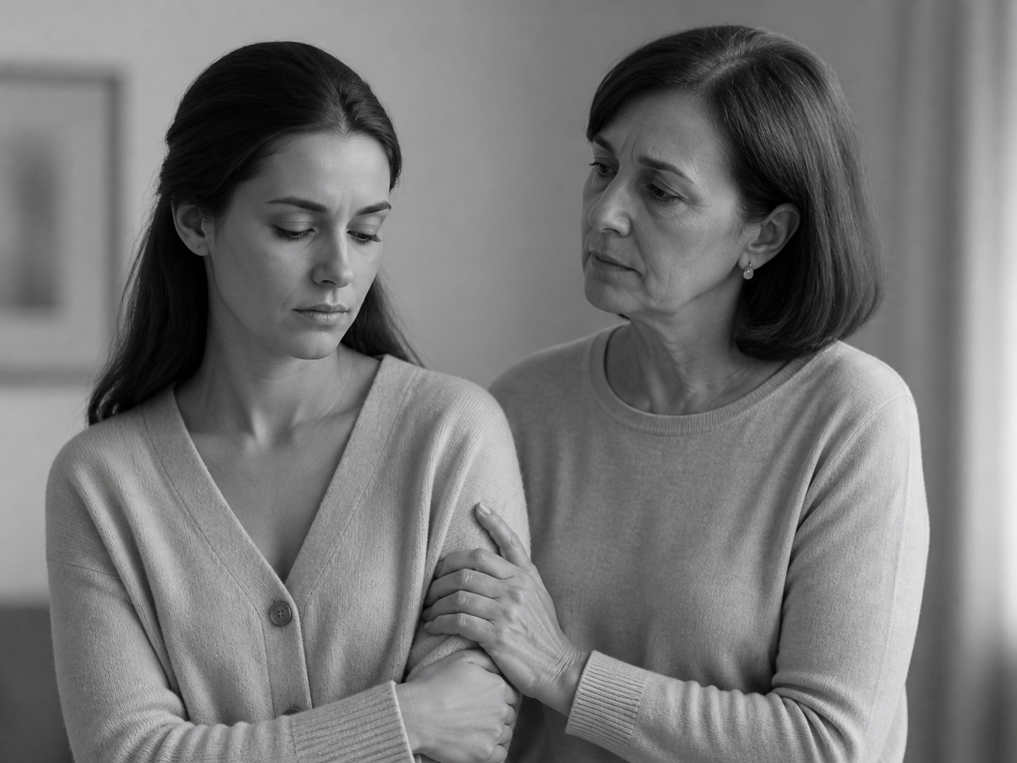 Black and white photo of an adult child and parent standing close together with subtle emotional tension, representing unresolved family resentment and complex relationship dynamics.