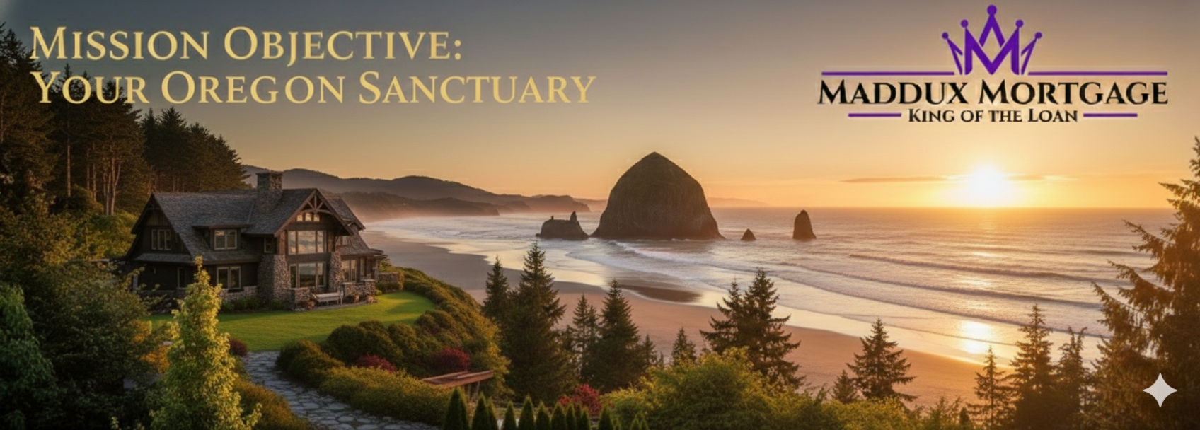 A sunset over the Oregon coast with a house on a green lawn surrounded by trees, overlooking the beach and sea stacks.