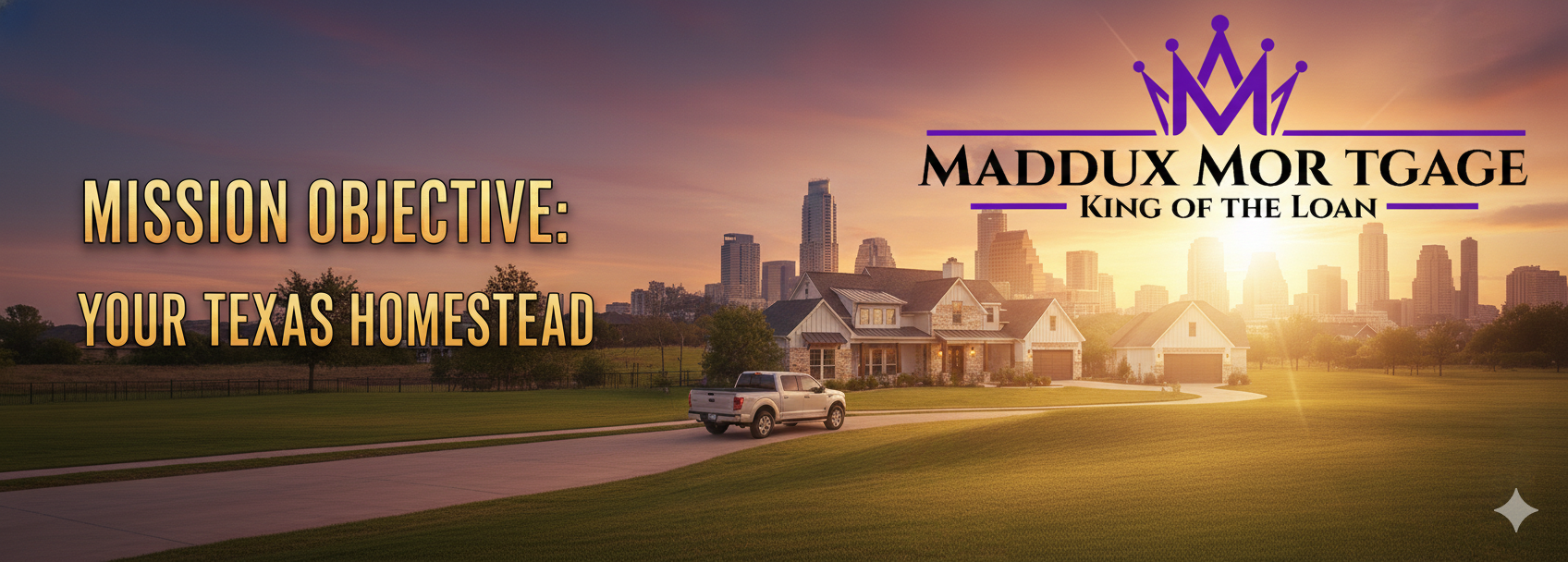 A suburban home on a green lawn with a city skyline in the background at sunset. The image includes a white pickup truck, the text 'MISSION OBJECTIVE: YOUR TEXAS HOMESTEAD,' and the logo with a purple crown and text 'MADDUX MOR TGA GE King of the Loan.'