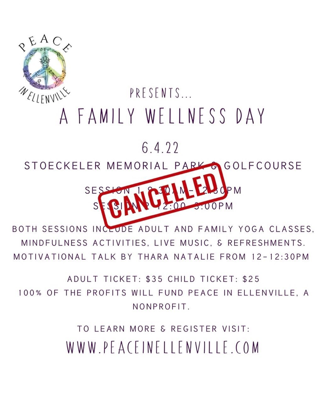 The Peace in Ellenville Family Wellness Day has been cancelled. 

We are truly grateful for everyone that has supported this event and our mission to bring mindfulness to people of ALL ages.💕

We are looking forward to more exciting events to come. 