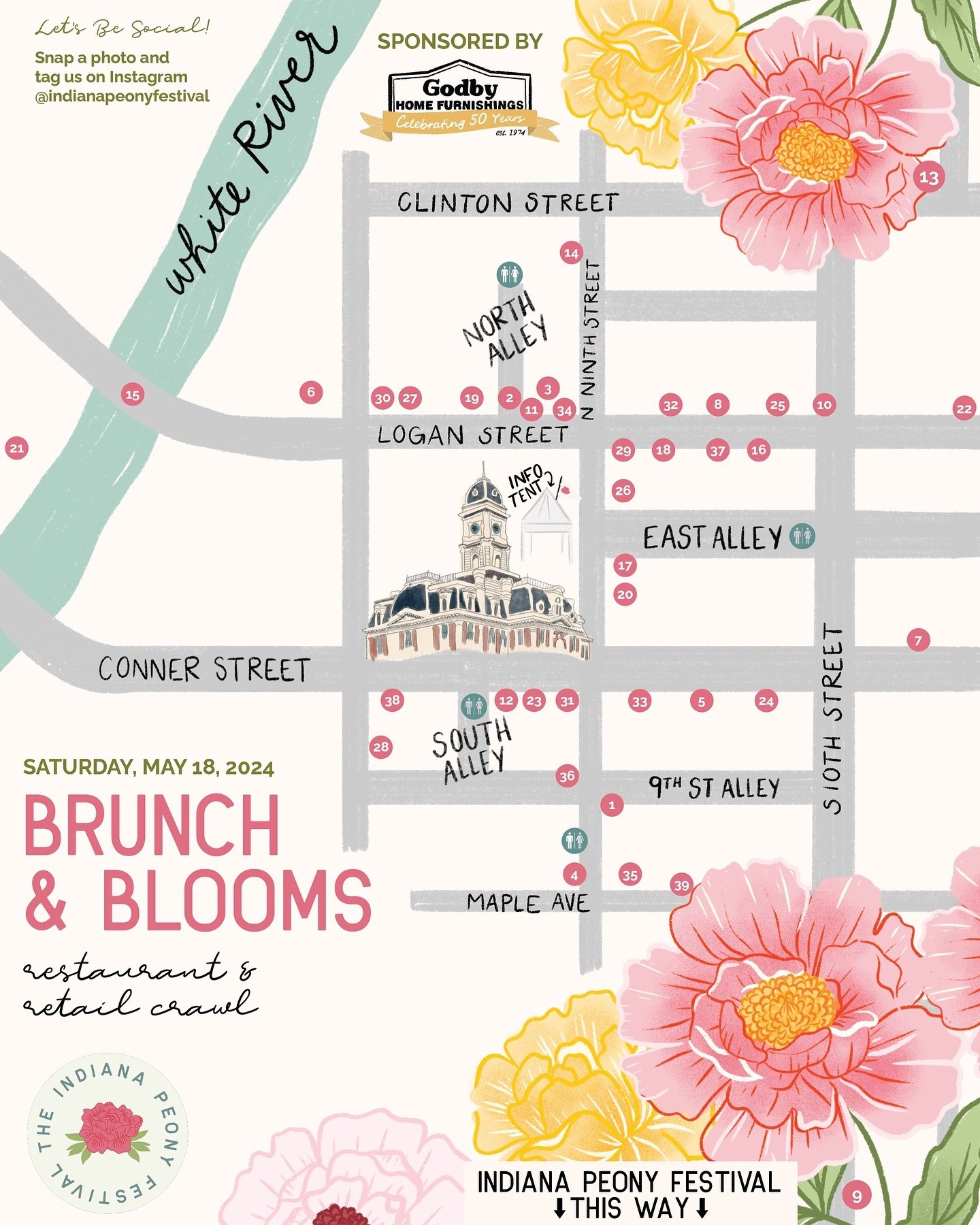 The fun doesn&rsquo;t end in Seminary Park! Just steps from the park, visit these 40 brunch &amp; retail shops Downtown Noblesville who are participating in this year&rsquo;s Brunch &amp; Blooms event on the square. Join them for peony inspired food,