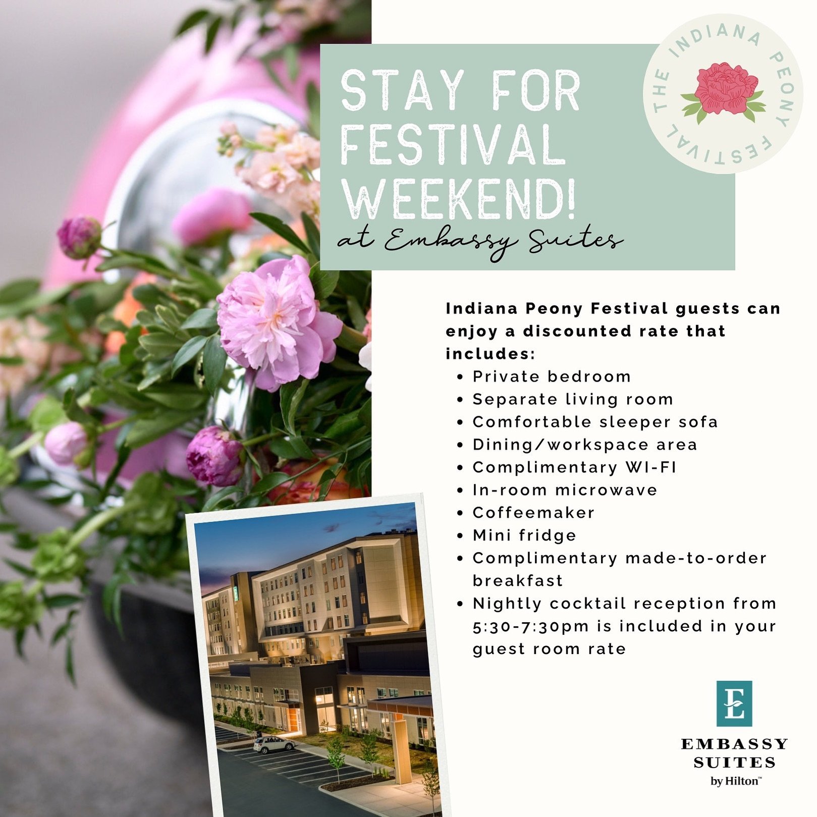 Stay a while! Make it a weekend in @noblesvillein with a discounted rate at the Embassy Suites! Give them a call at 317-674-1900 or book via the link in our bio for a discounted Saturday night rate on a private bedroom with lots of perks🛌🌸🥂🛋 Than