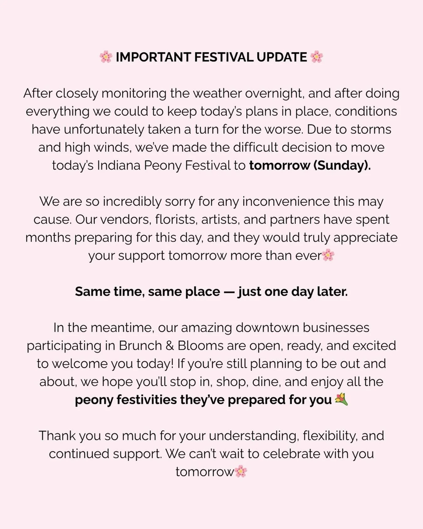 🌸IMPORTANT FESTIVAL UPDATE🌸

After closely monitoring the weather overnight, and after doing everything we could to keep today&rsquo;s plans in place, conditions have unfortunately taken a turn for the worse. Due to storms and high winds, we&rsquo;