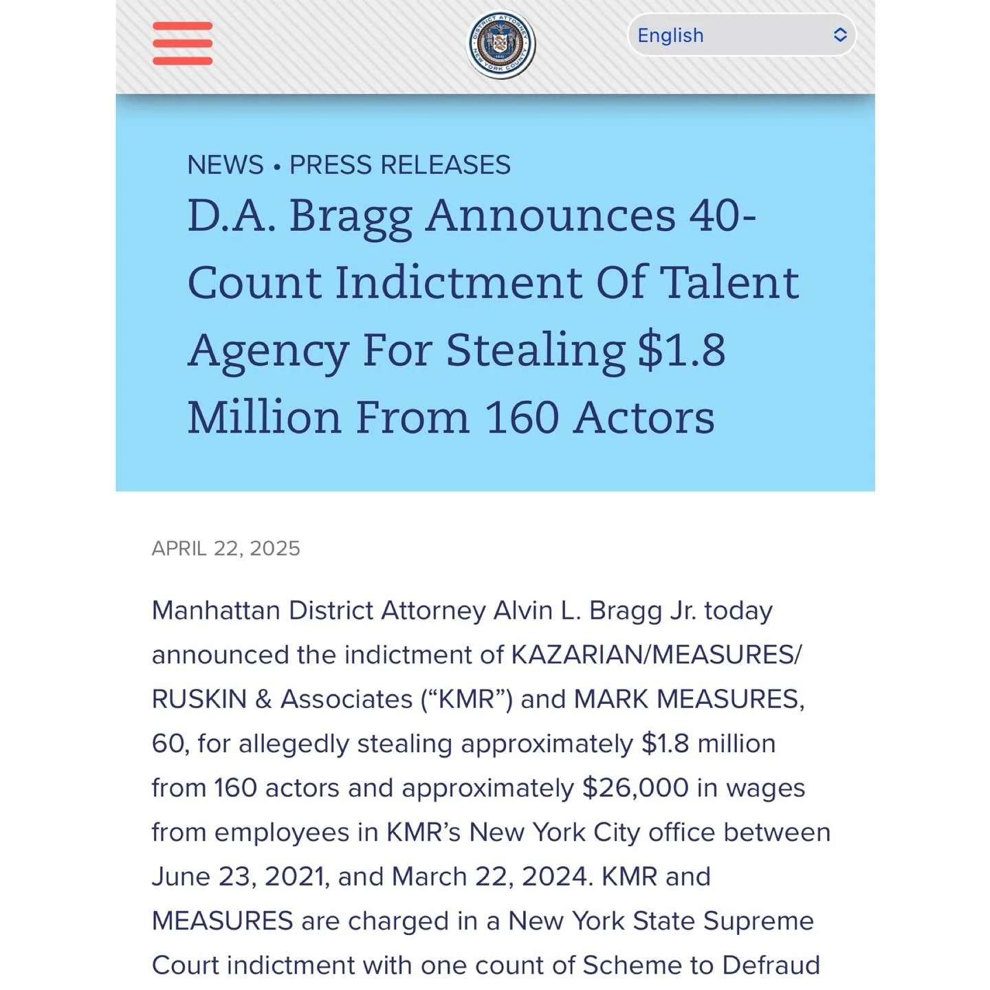 Never thought in a million years Stephen and I&rsquo;s occupations would cross paths like this 🤯 So very proud of my partner for bringing this case to the Manhattan DA&rsquo;s office and bringing justice to the actors who were stolen from. DANY is l