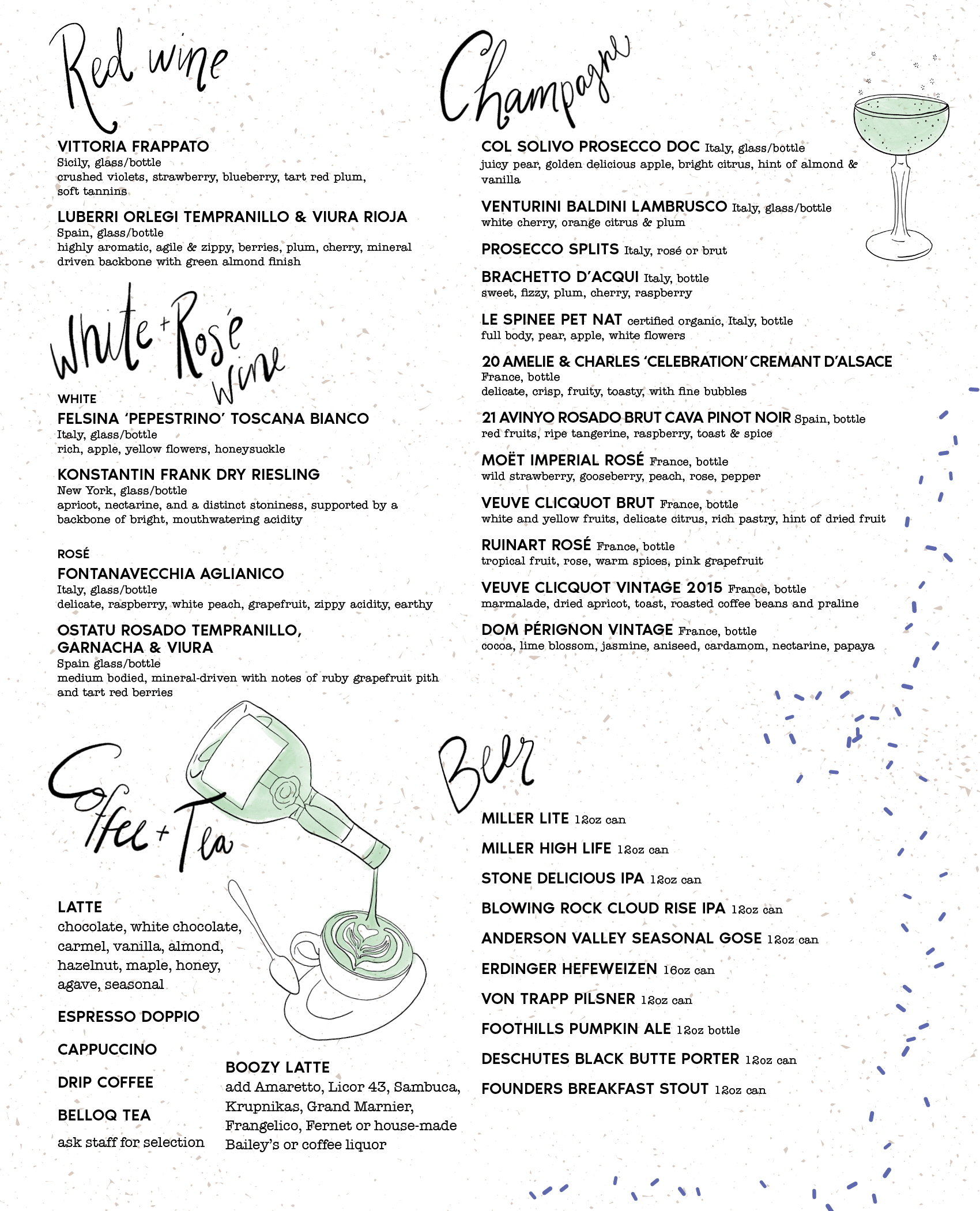 Summer Menu 2026 Wine, Beer, Champagne