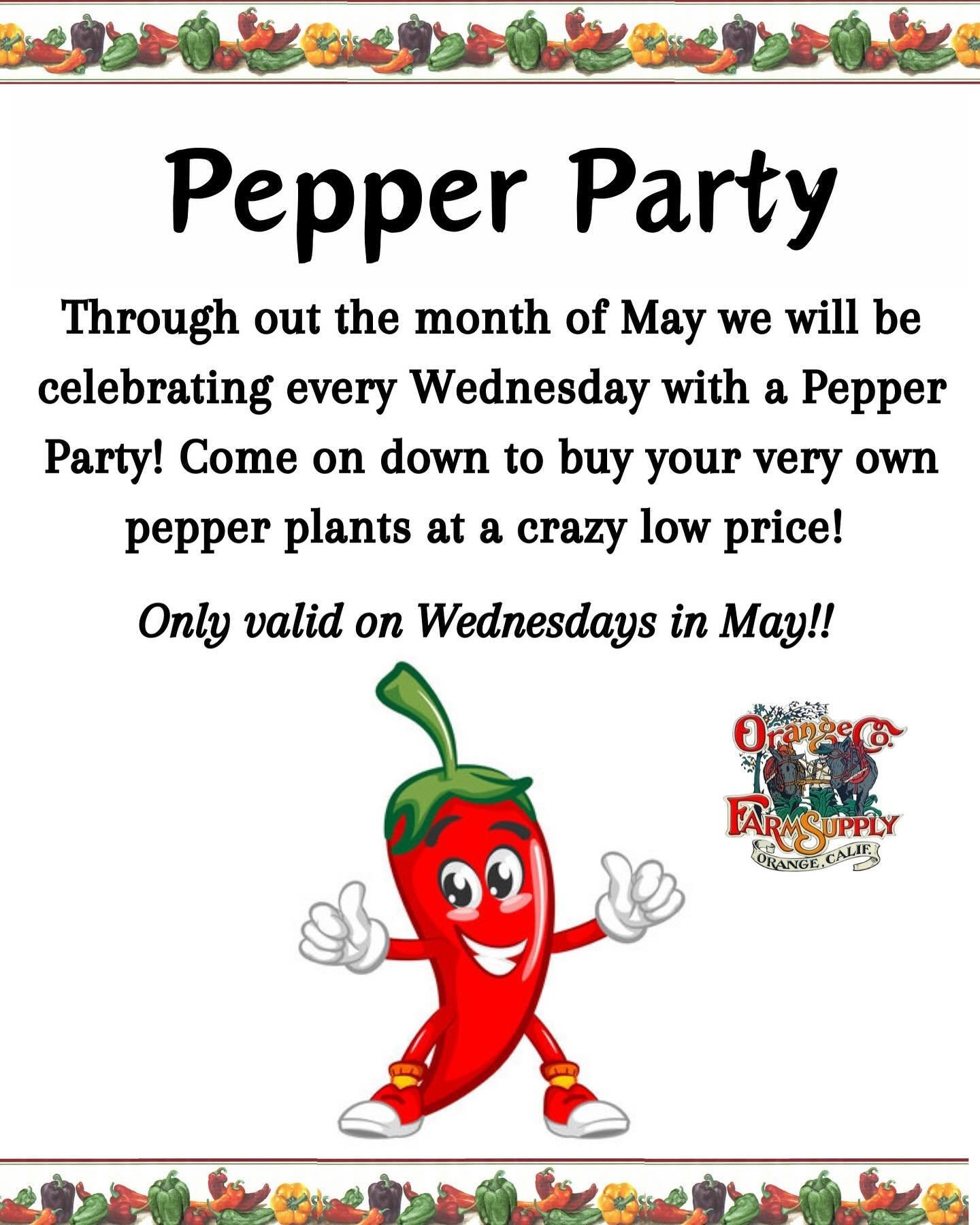 Pepper party is in full swing!! Every Wednesday we will have our peppers at a crazy low price! And bonus! If you buy 4 4&rdquo; square or round pots you can get 2$ off either a G&amp;B potting soil 1 cuft bag or a 4lb bag of G&amp;B tomato, vegetable