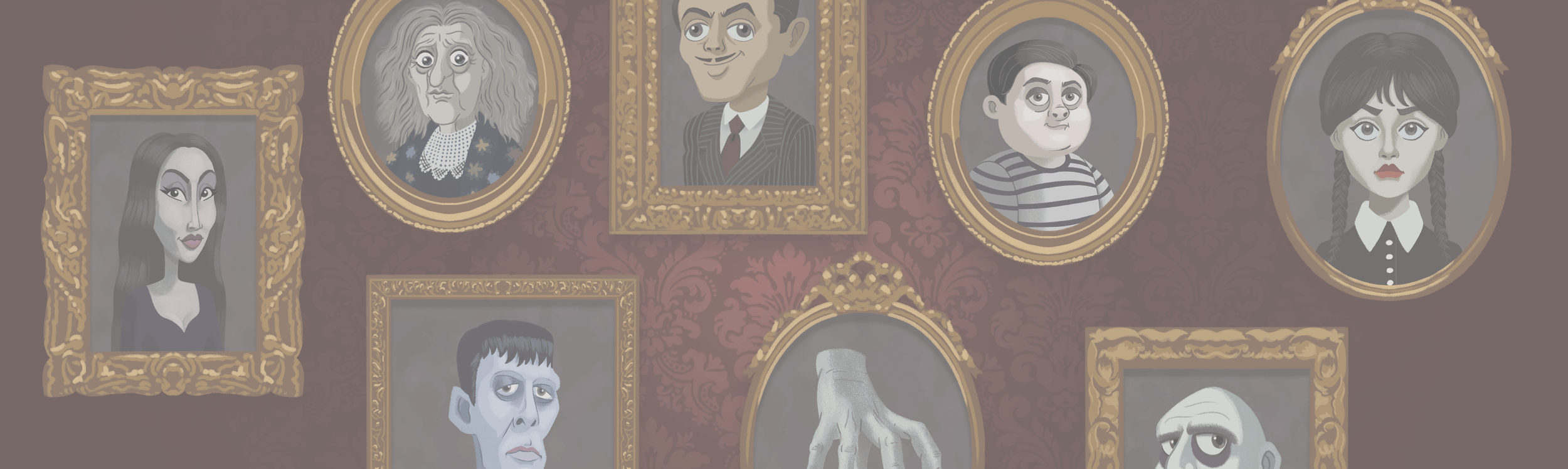 A gallery wall of framed cartoon-style portraits of the Addams Family, including Wednesday, Morticia, Gomez, Pugsley, Grandmama, Lurch, and Thing, displayed on a dark red patterned background.