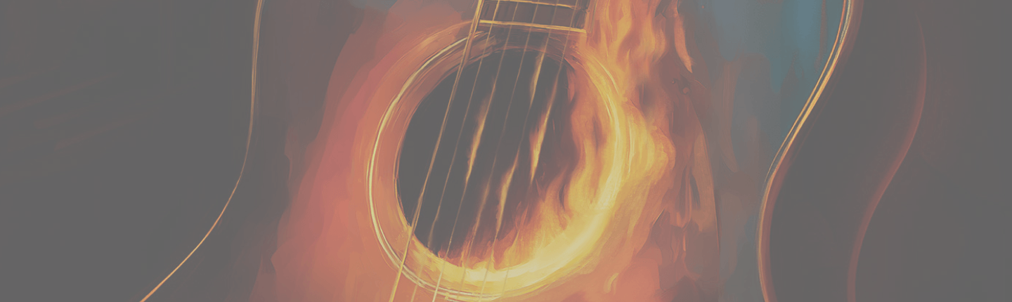 An acoustic guitar with flames rising from its sound hole, glowing against a dark background.