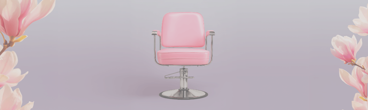 A single pink salon chair with a metal base centered against a soft gray‑to‑lavender gradient background, framed on both sides by large pink magnolia flowers.