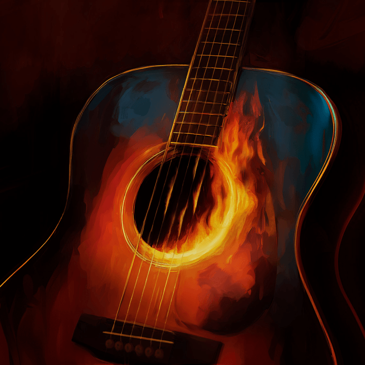 An acoustic guitar with flames rising from its sound hole, glowing against a dark background.