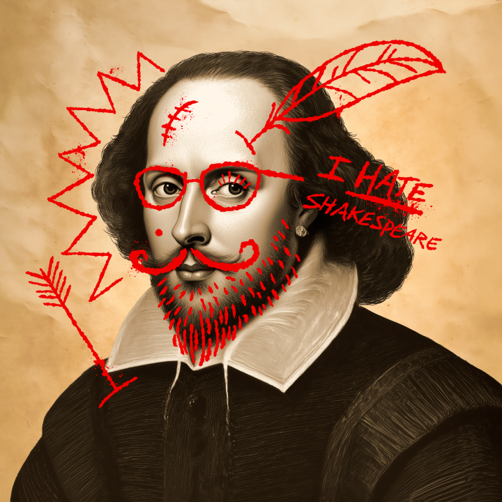 A classic portrait of William Shakespeare defaced with red doodles, including glasses, a mustache, arrows, and the phrase ‘I hate Shakespeare’ written across the face.