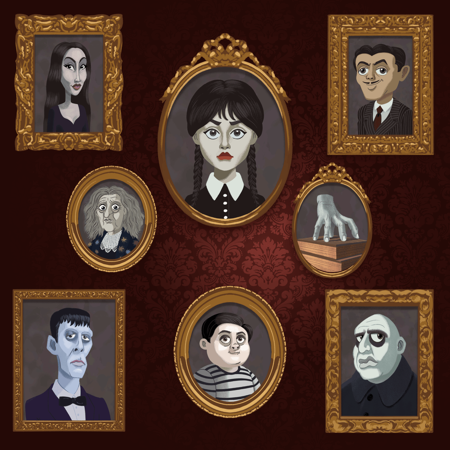 A gallery wall of framed cartoon-style portraits of the Addams Family, including Wednesday, Morticia, Gomez, Pugsley, Grandmama, Lurch, and Thing, displayed on a dark red patterned background.