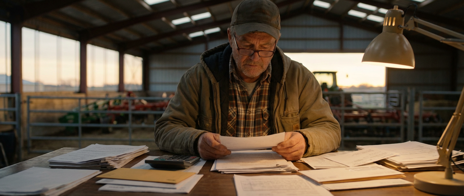 Farmer reviewing crop planning paperwork for profitable specialty vegetable strategy