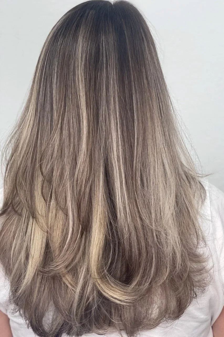Back of a person with long, layered hair styled with highlights in shades of blonde and light brown.
