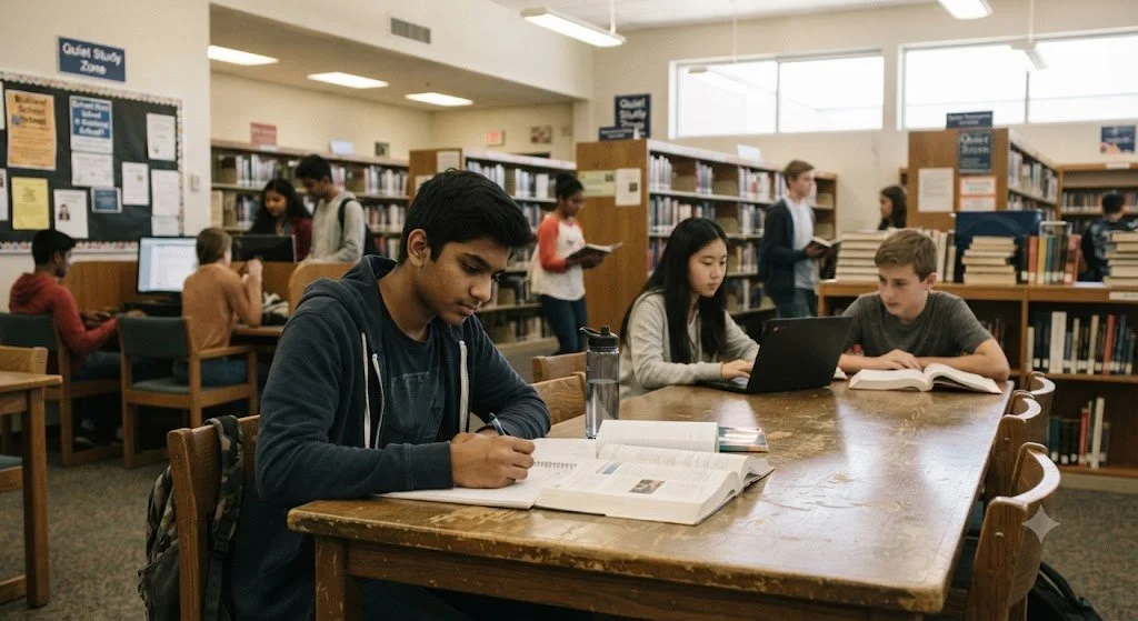 Student looking at her resume