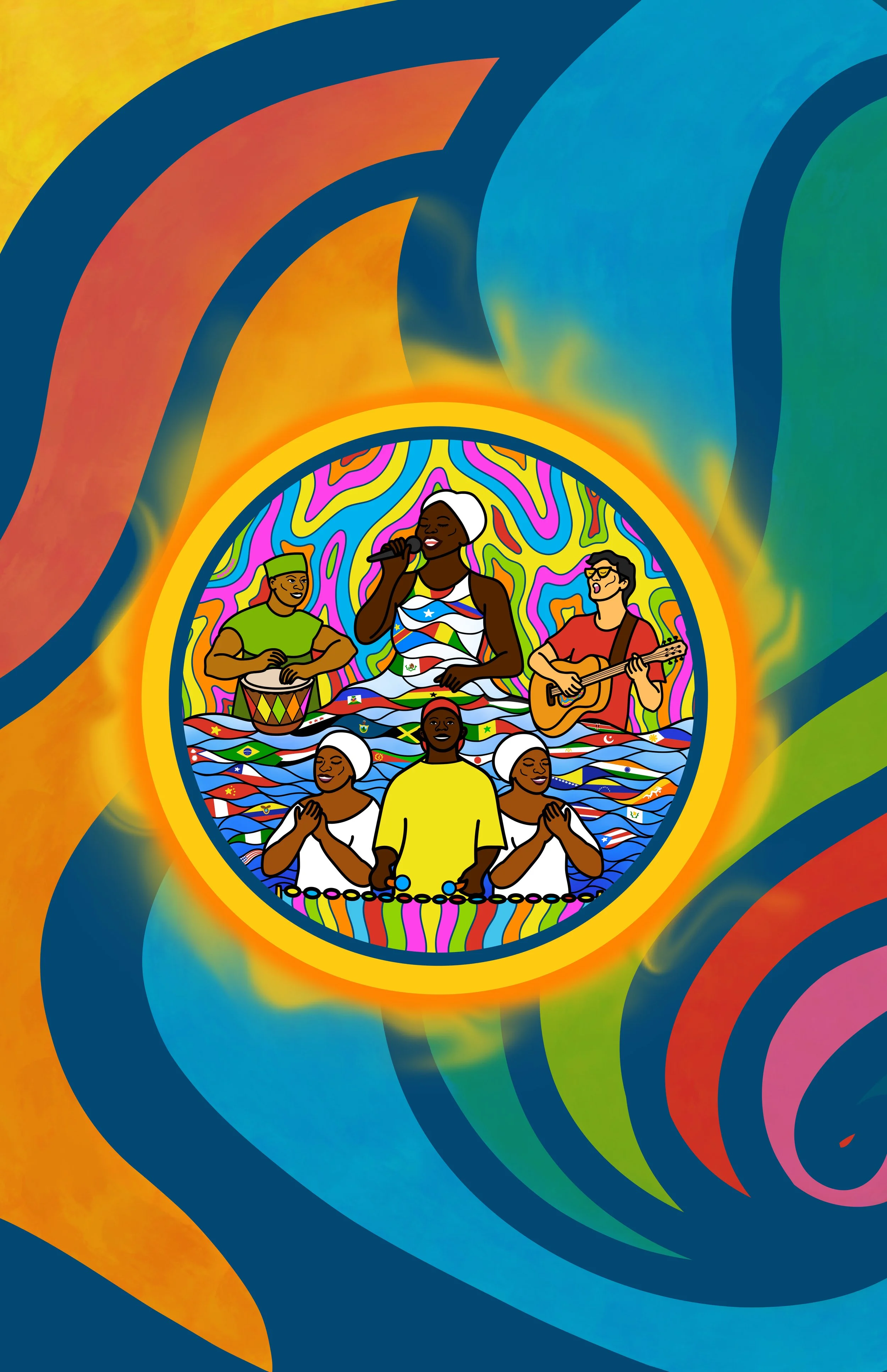 All the Rivers, digital illustration by Raph Draws featuring multicultural musicians and figures united in song, surrounded by world flags.