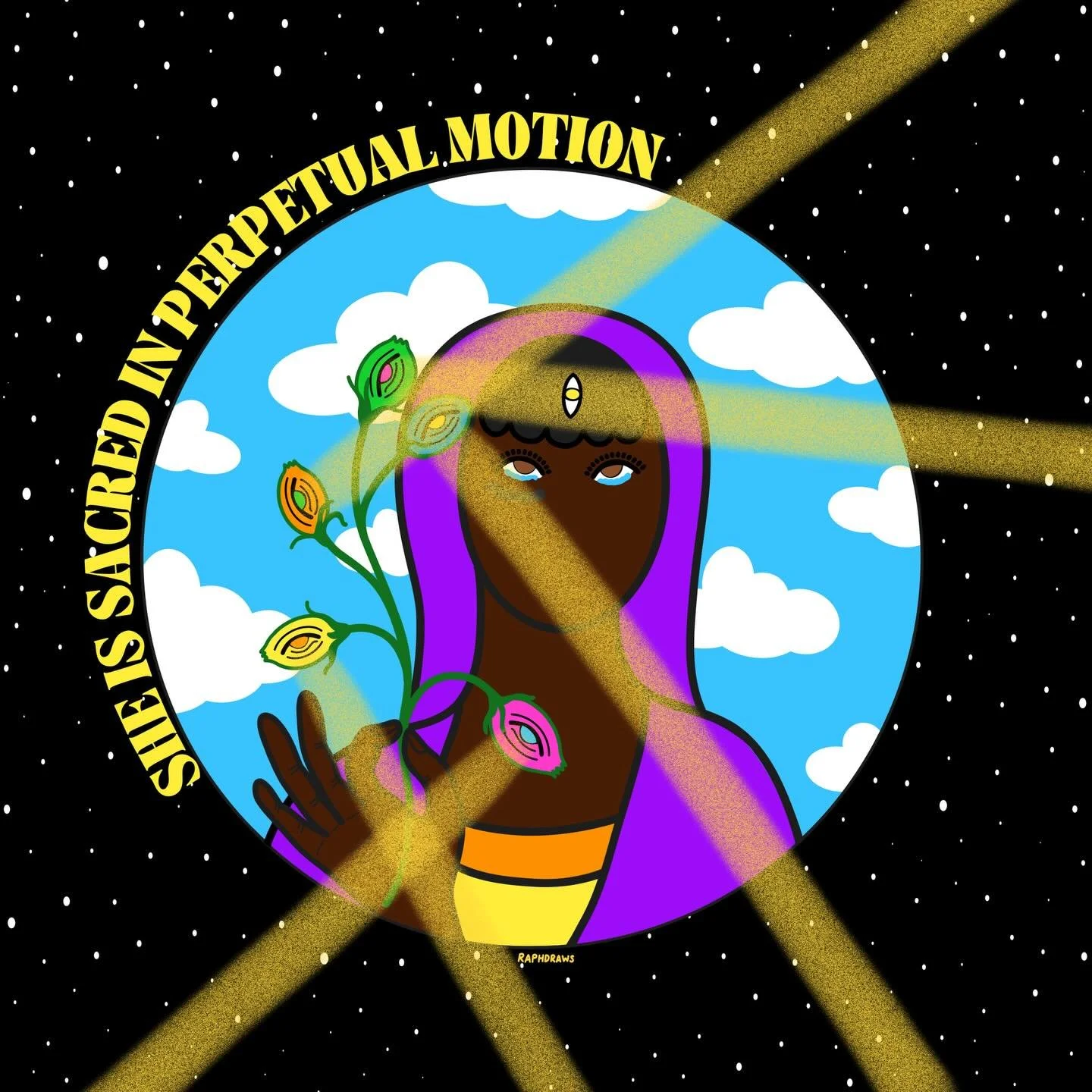 purple is vivid just like&hellip; 
&ldquo;THE EYES OF SPIRIT&rdquo; 👀

Miss Black Madonna is witnessed by the Eyes of Spirit through her not-yet-bloomed-plant-eye friends. Her own eyes are filled with tears while holding her flower-eyed plant friend