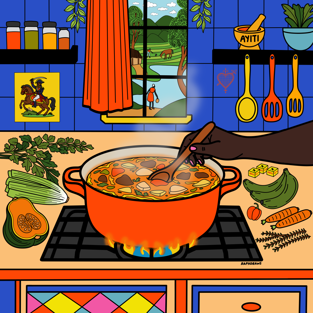 Digital illustration of a Haitian woman sterring Soup Joumou, Haitian squash soup, overlooking Haitian agricultural landscape with symbolic items representing Haitian culture & fight for freedom. 