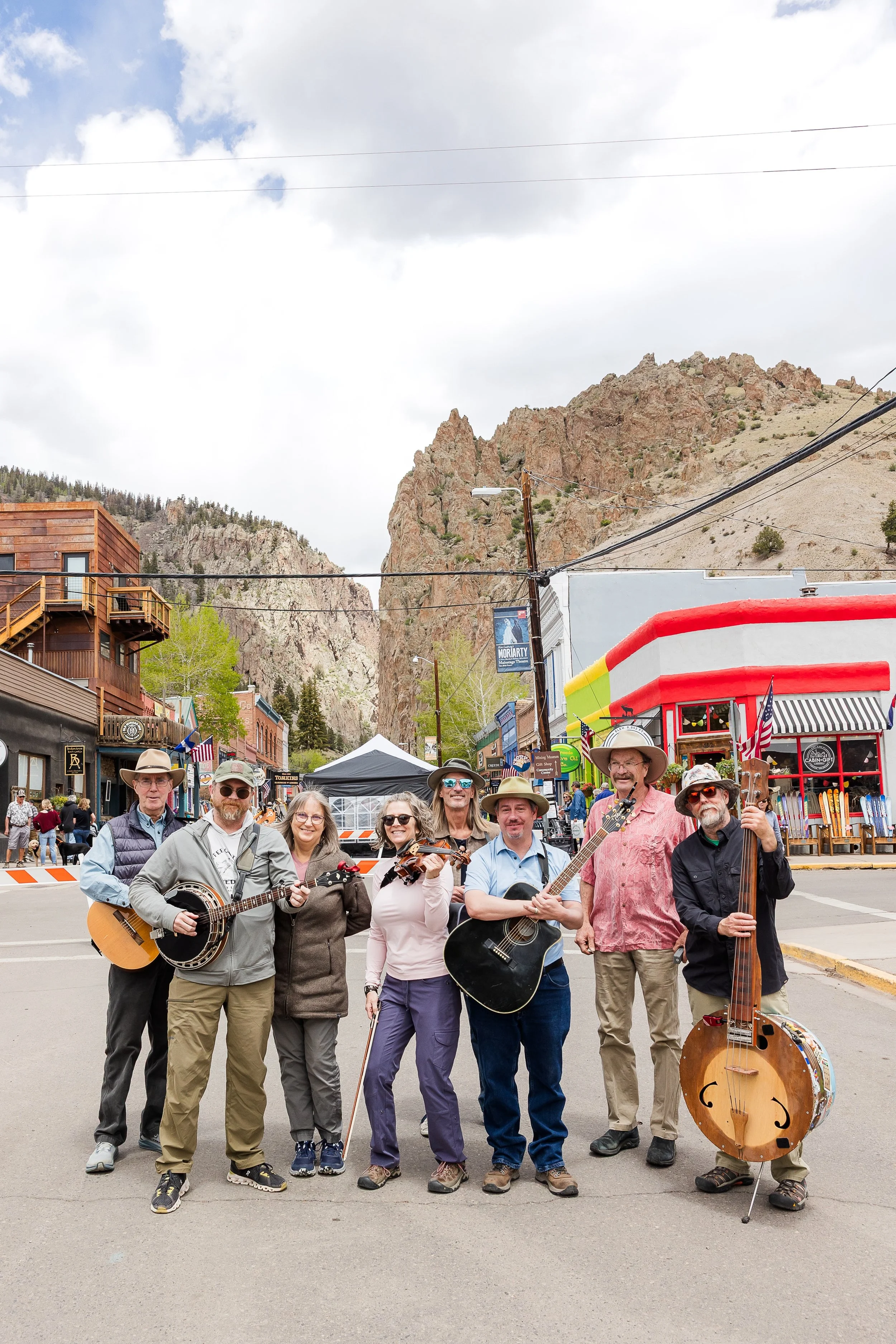 The Monday Night Jam Band, Taste of Creede Pop-up Concerts (L-R, Paul Whitmore, Damian Richardson, Debbie Whitmore, Michelle Richardson, Steve Reynolds, Ian Romo, Steve Lamb, Jeff Johnson)