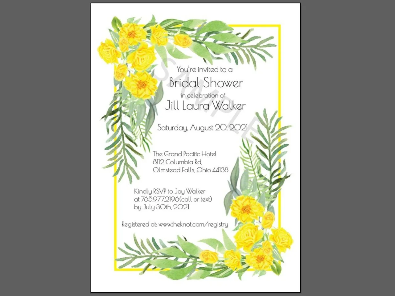 Invitation to a bridal shower with yellow flowers and green foliage border, details of event including date, location, RSVP, and registry information.