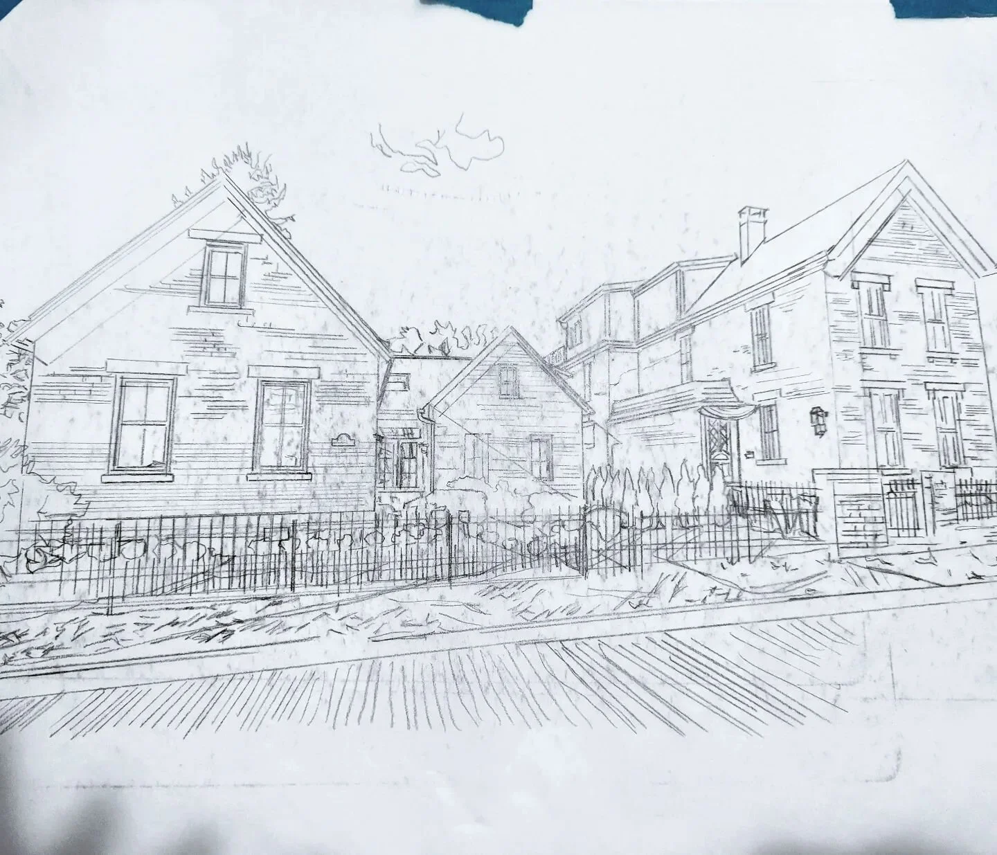 First commission piece since my breast cancer diagnosis. I was scared to start back. What if my Lymphedema makes it too hard to draw and paint. So far so good. A first sketch started for a double house portrait. More to come as the piece progresses t