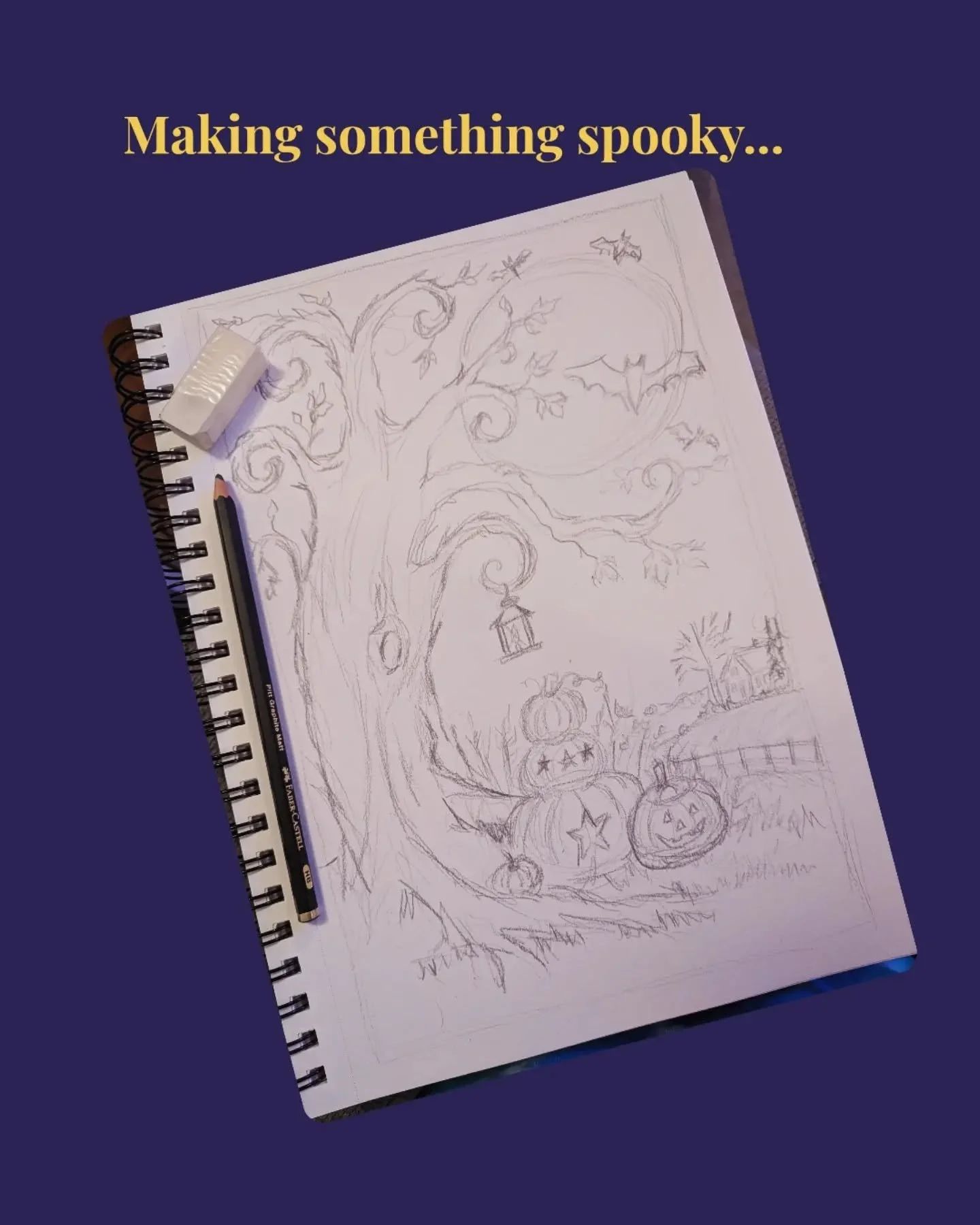 A client commissioned a Halloween card, so tonight I sat down with a pencil and started drawing.

No computer.
No perfect plan.
No trying to figure out what this needs to become later.
Just a crooked tree, a few bats, some pumpkins, a tiny lantern&he