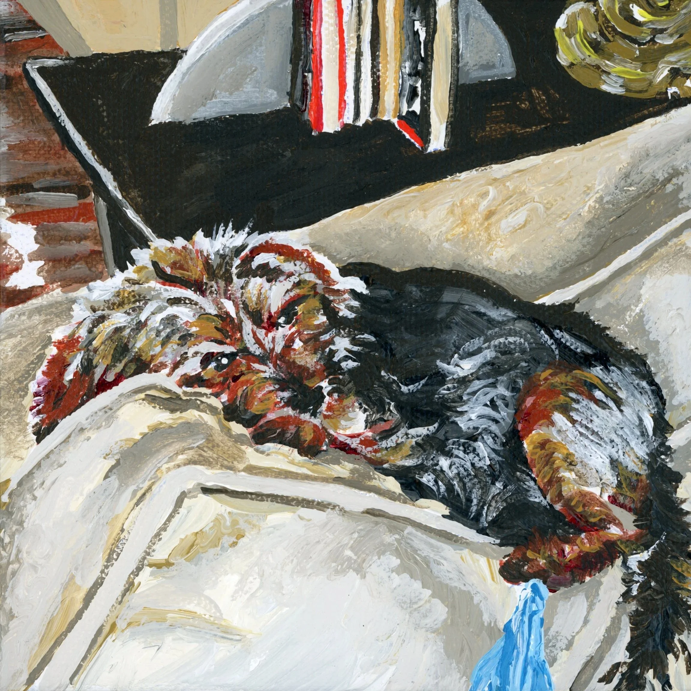 acrylic painted dog laying on a couch