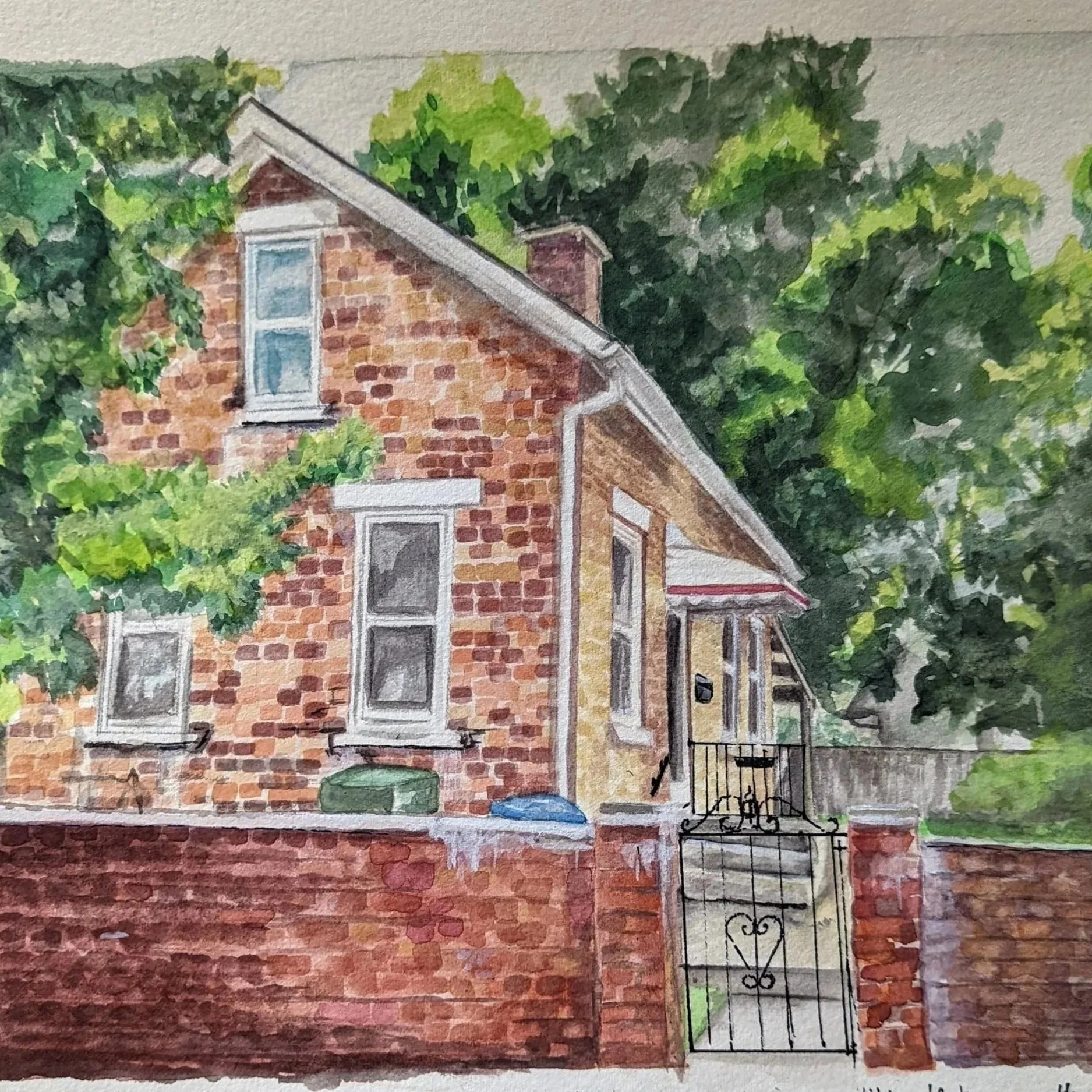 Watercolor painting of brick house with white-framed windows, black wrought-iron gate, green trees, and a sidewalk in front.