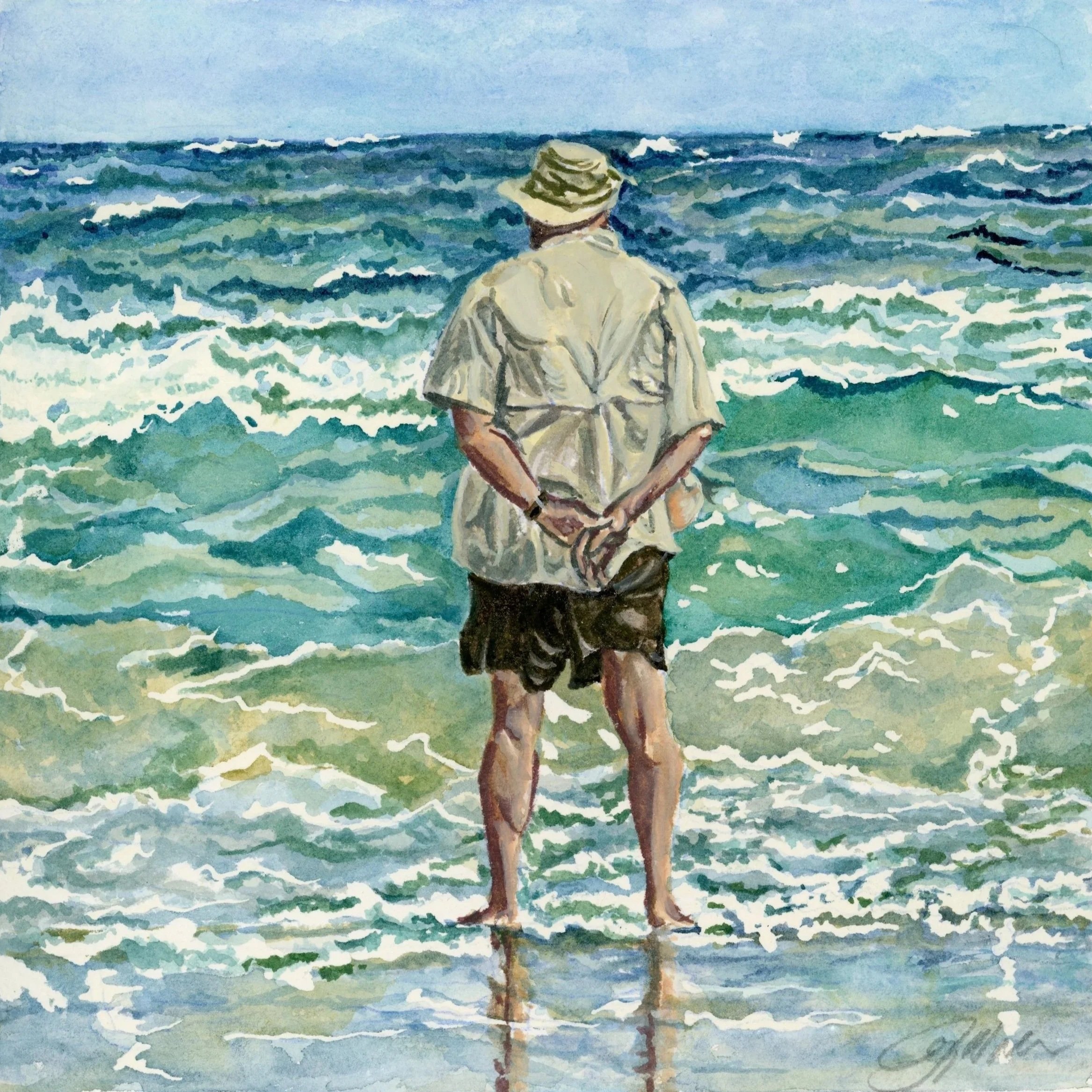 watercolor painting of a man on a beach