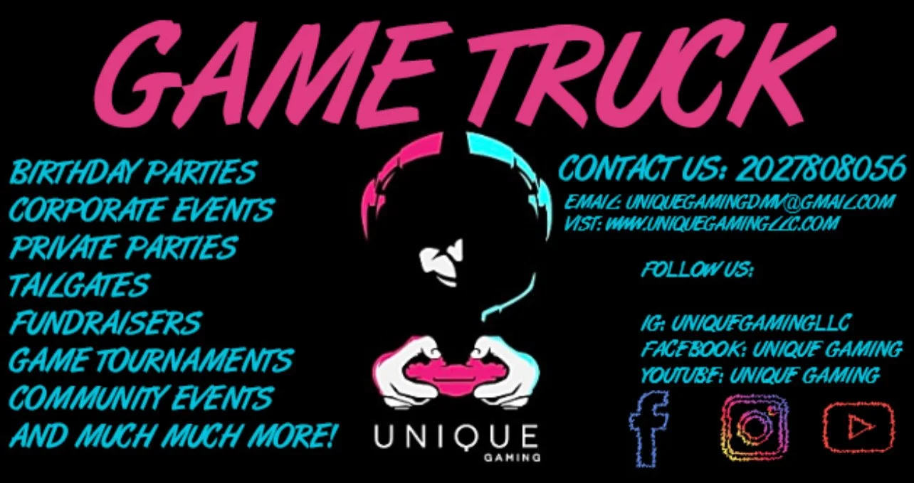 Black logo for 'Game Truck' with pink and blue text, a stylized gaming headset, and icons for Facebook, Instagram, and YouTube. The logo includes event types, contact info, and social media handles for 'Unique Gaming'.