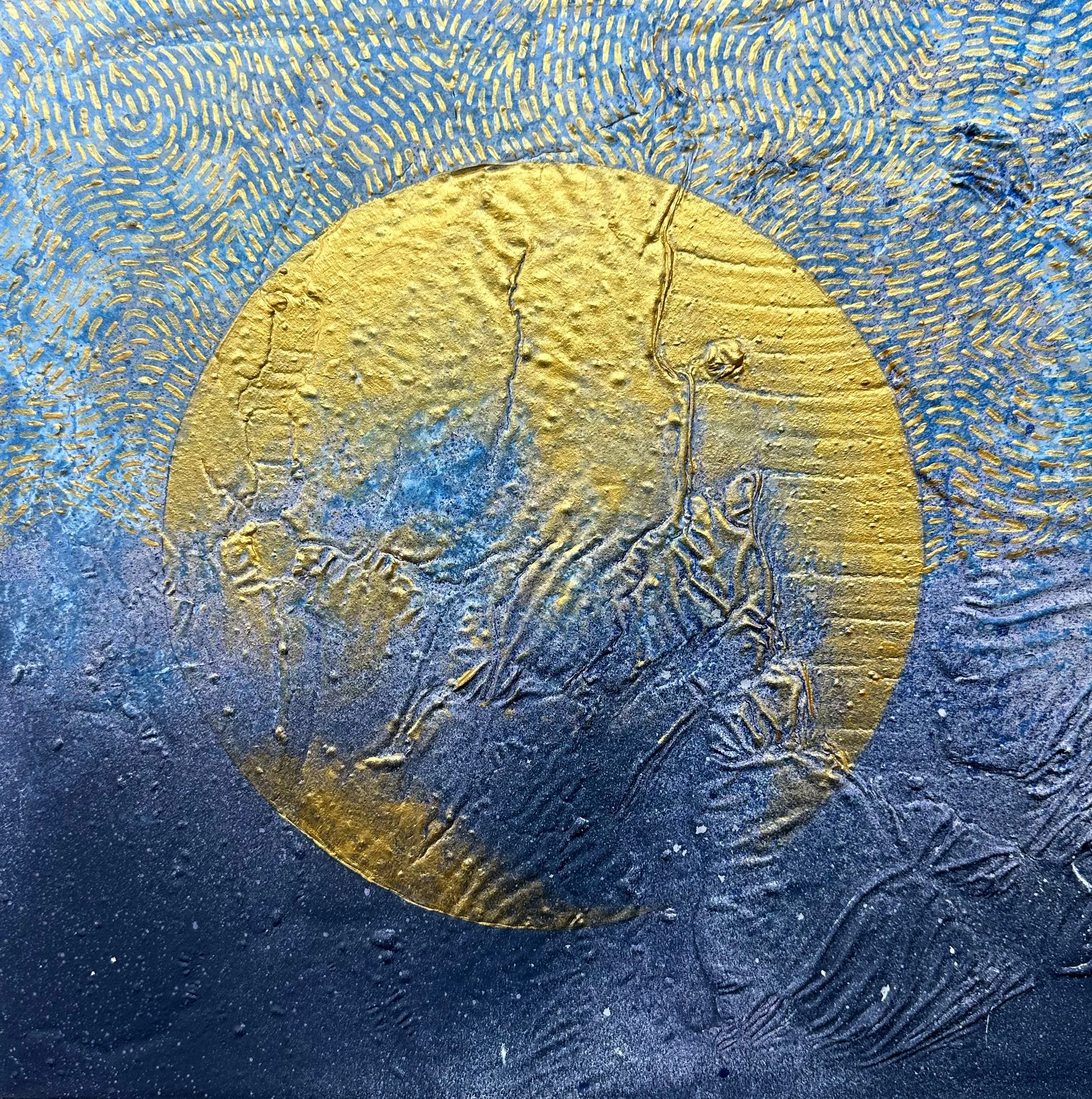 Electric Moon, 12x12", mixed media on wood panel, 2025