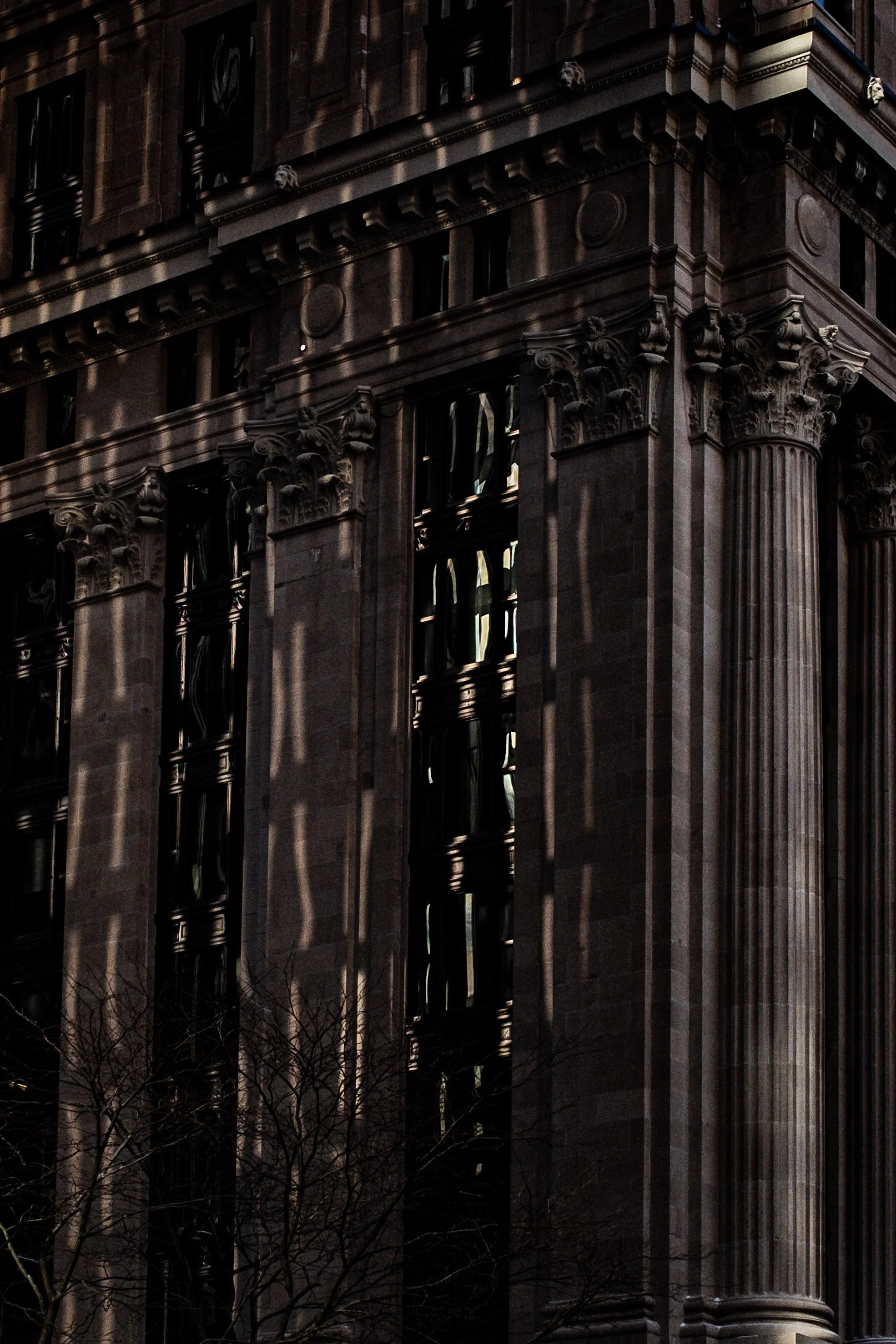 Close-up of a dark, ornate building facade with tall columns and shadows cast across the windows.