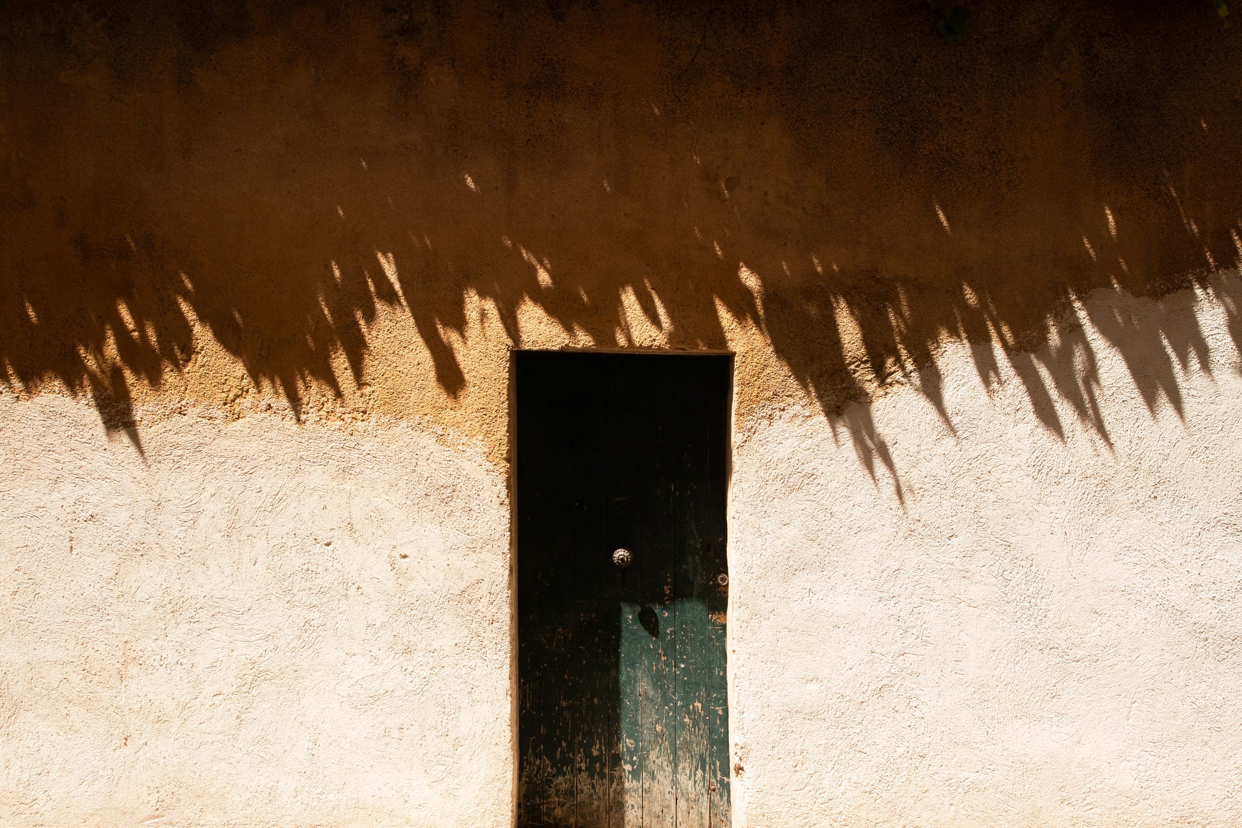 Sunlight casts a shadow of palm leaves on a textured beige wall with a small, dark rectangular door in the center.